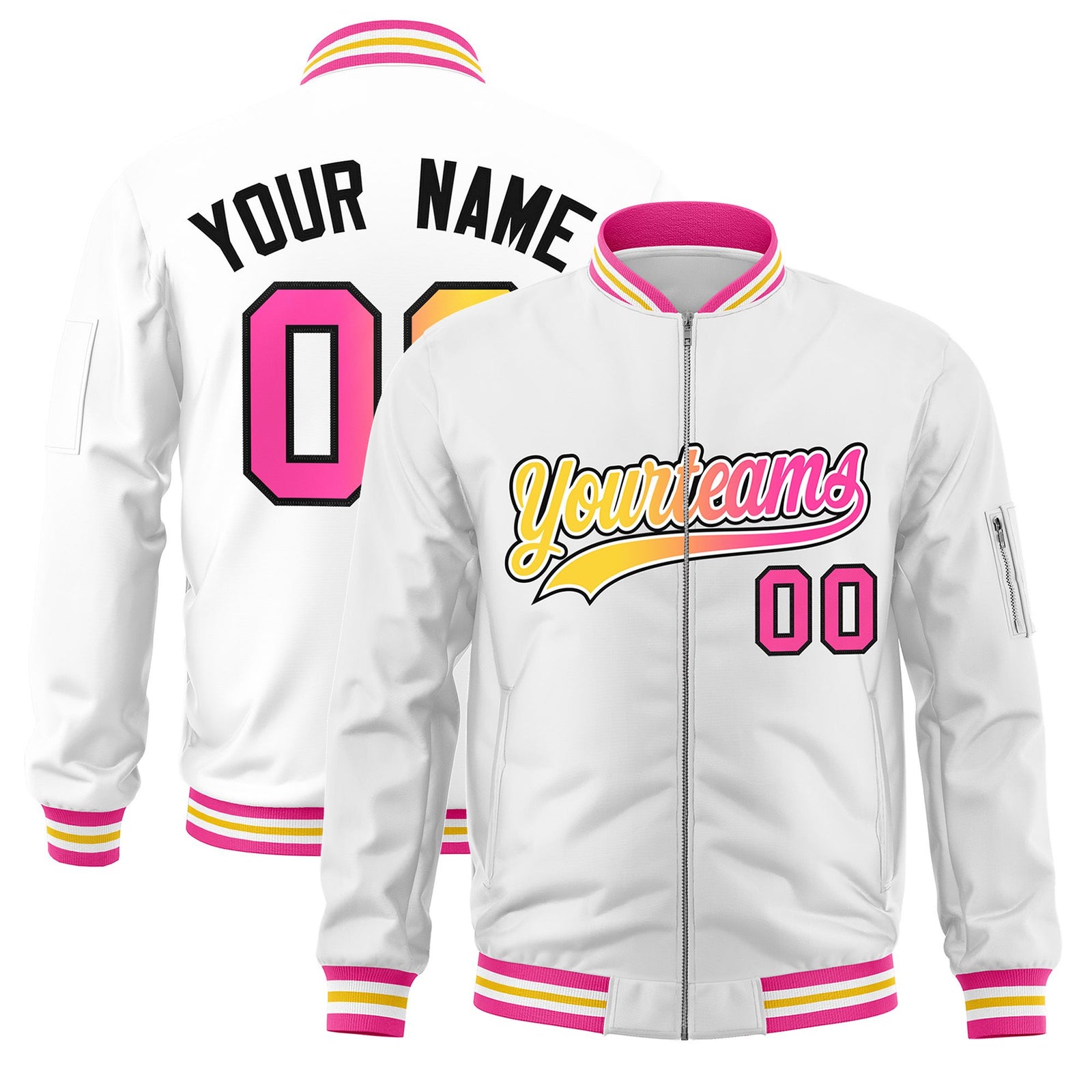 Custom White Full-Zip Gradient Fashion Letterman Bomber Jacket