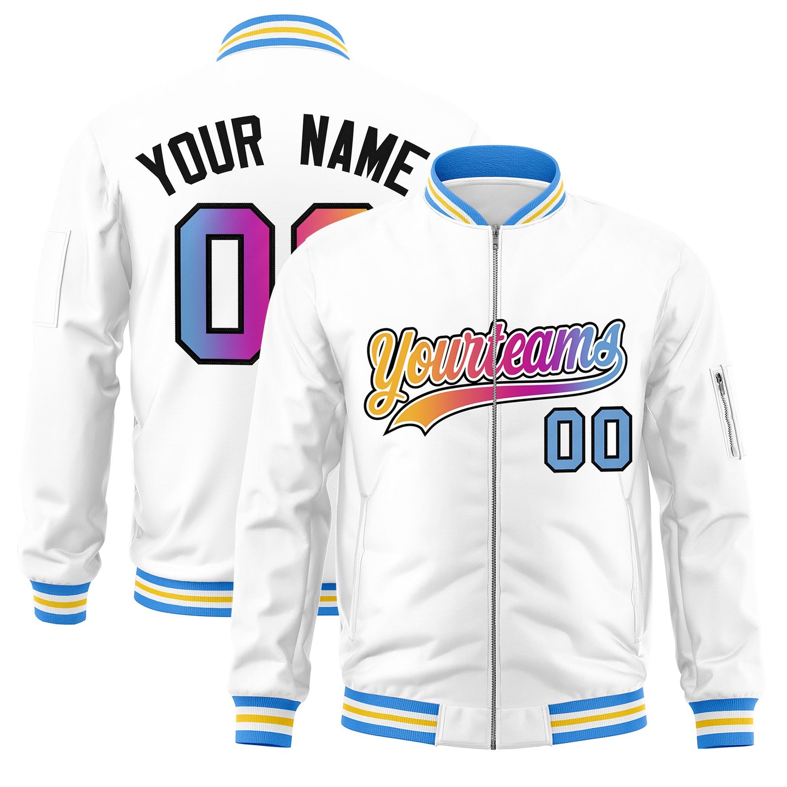 Custom White Full-Zip Gradient Fashion Letterman Bomber Jacket