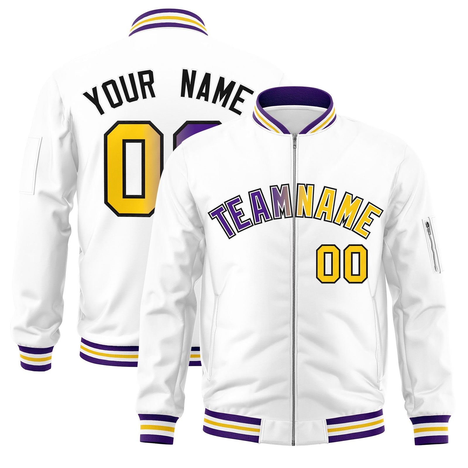 Custom White Full-Zip Gradient Fashion Letterman Bomber Jacket