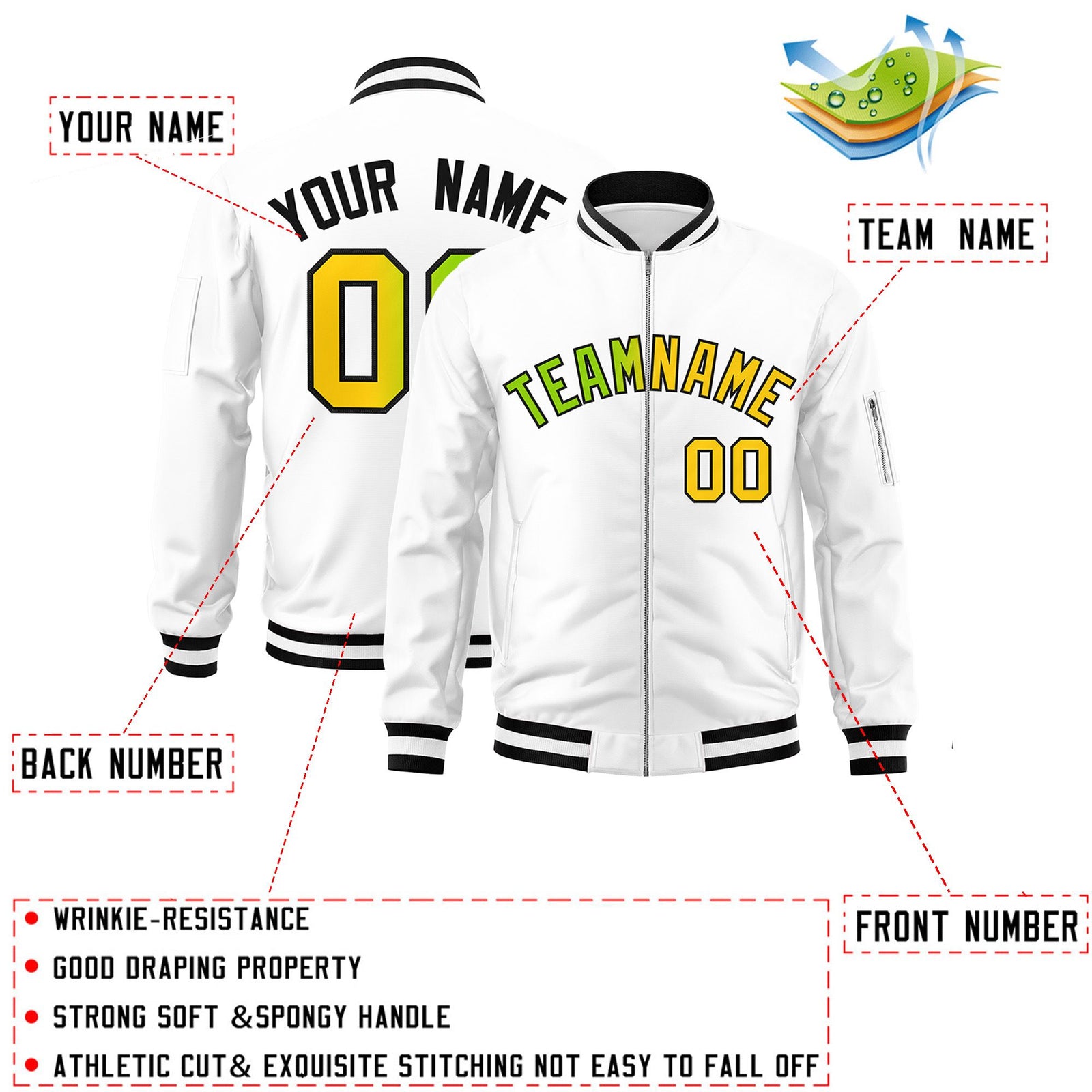 Custom White Full-Zip Gradient Fashion Letterman Bomber Jacket