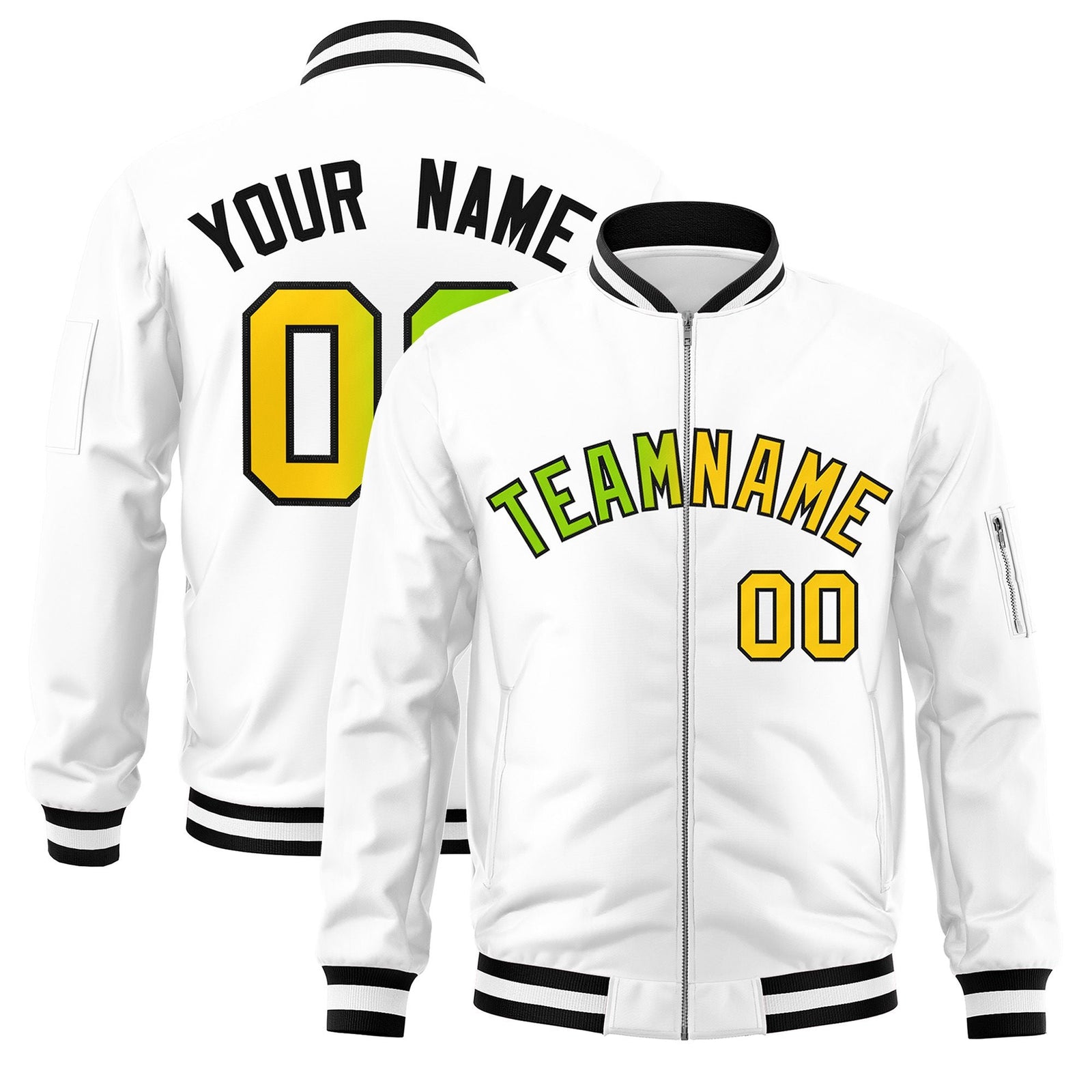 Custom White Full-Zip Gradient Fashion Letterman Bomber Jacket