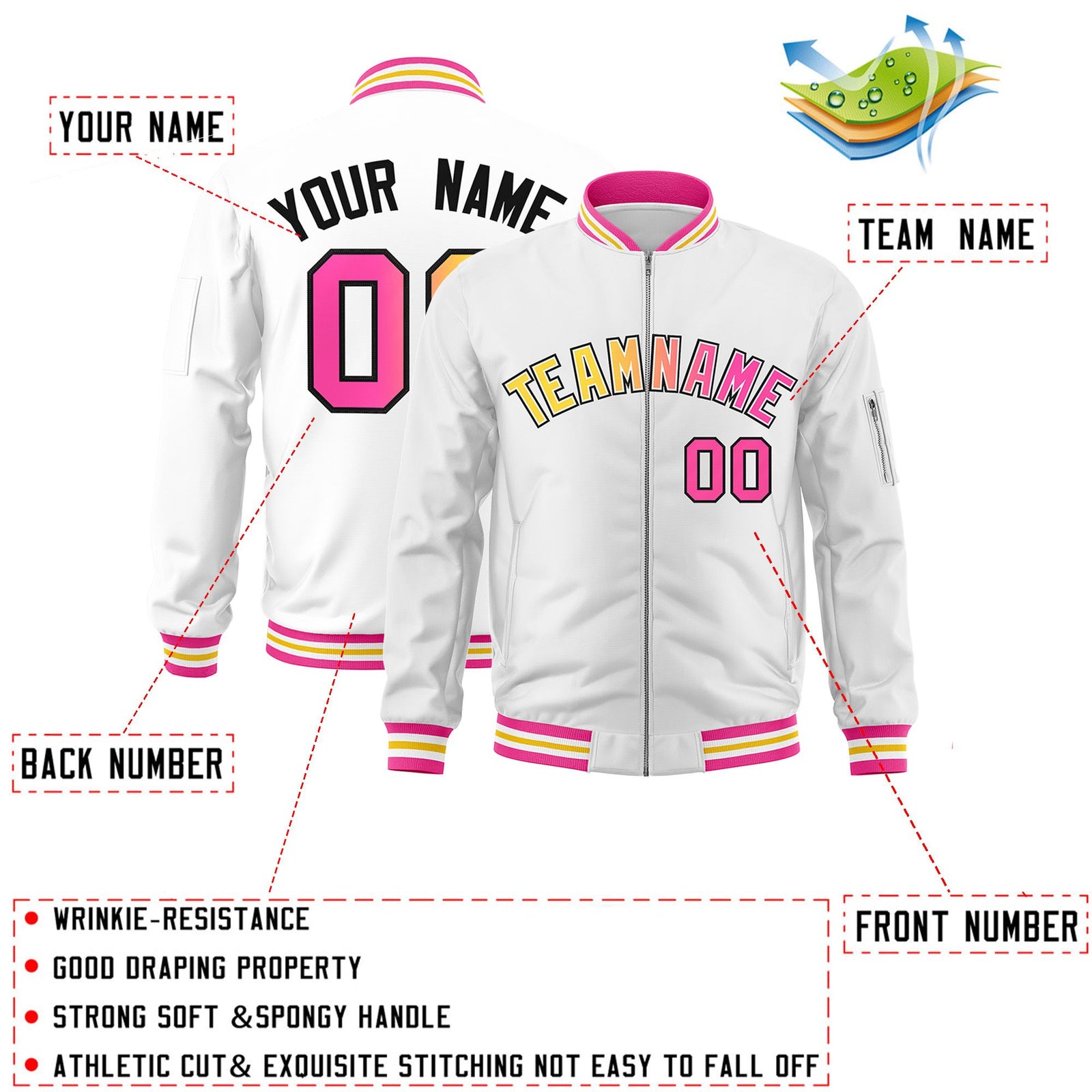 Custom White Full-Zip Gradient Fashion Letterman Bomber Jacket
