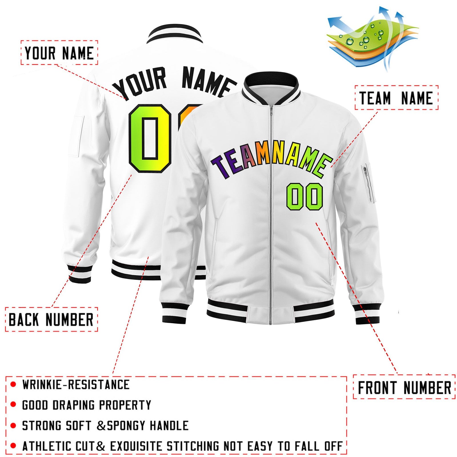 Custom White Full-Zip Gradient Fashion Letterman Bomber Jacket