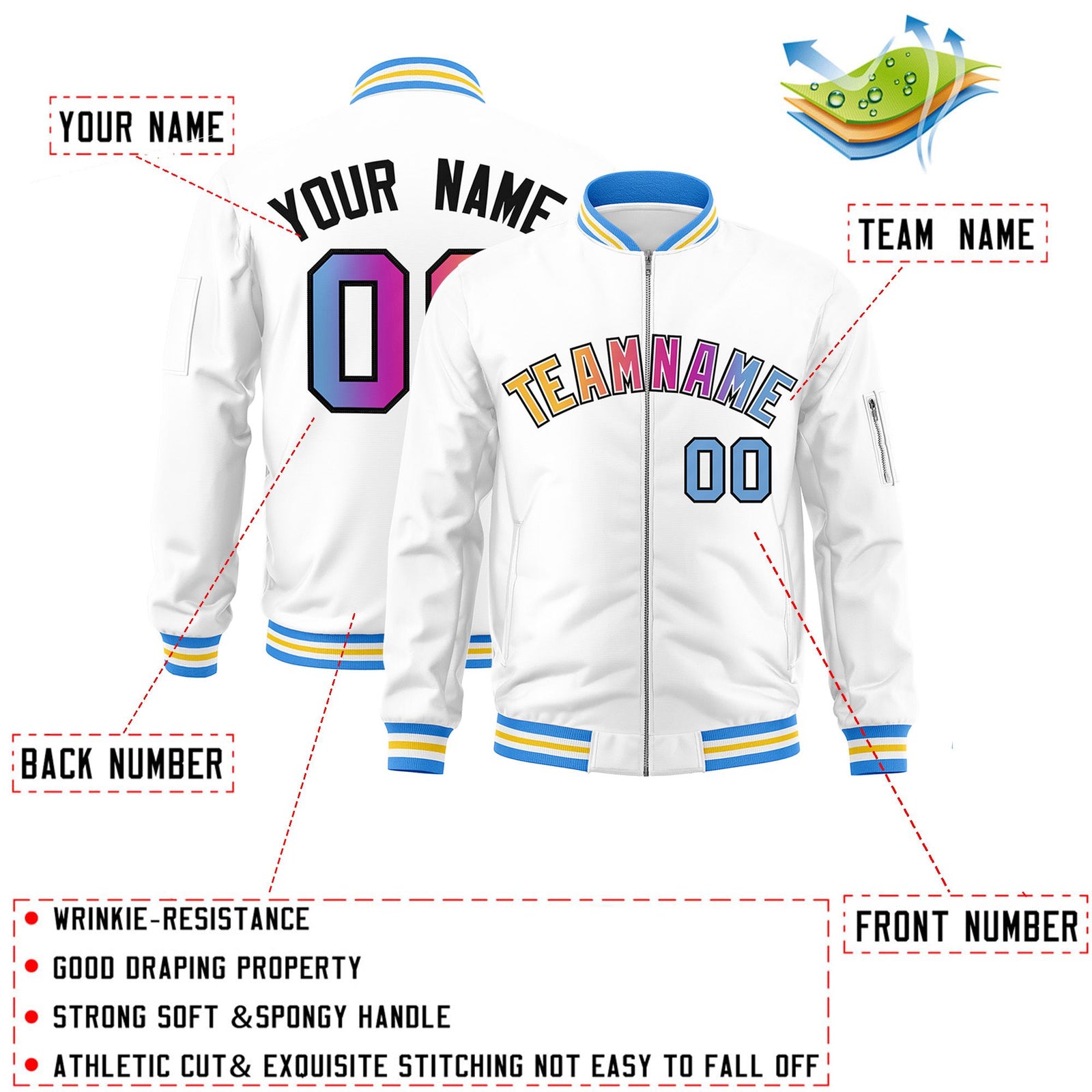 Custom White Full-Zip Gradient Fashion Letterman Bomber Jacket
