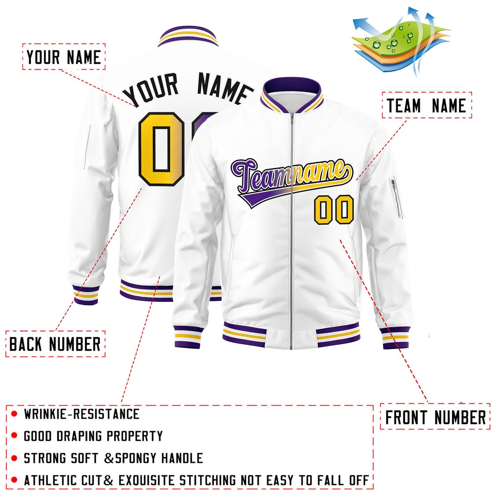 Custom White Full-Zip Gradient Fashion Letterman Bomber Jacket