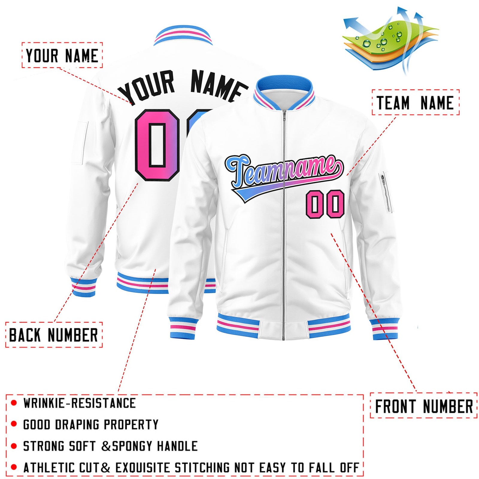 Custom White Full-Zip Gradient Fashion Letterman Bomber Jacket
