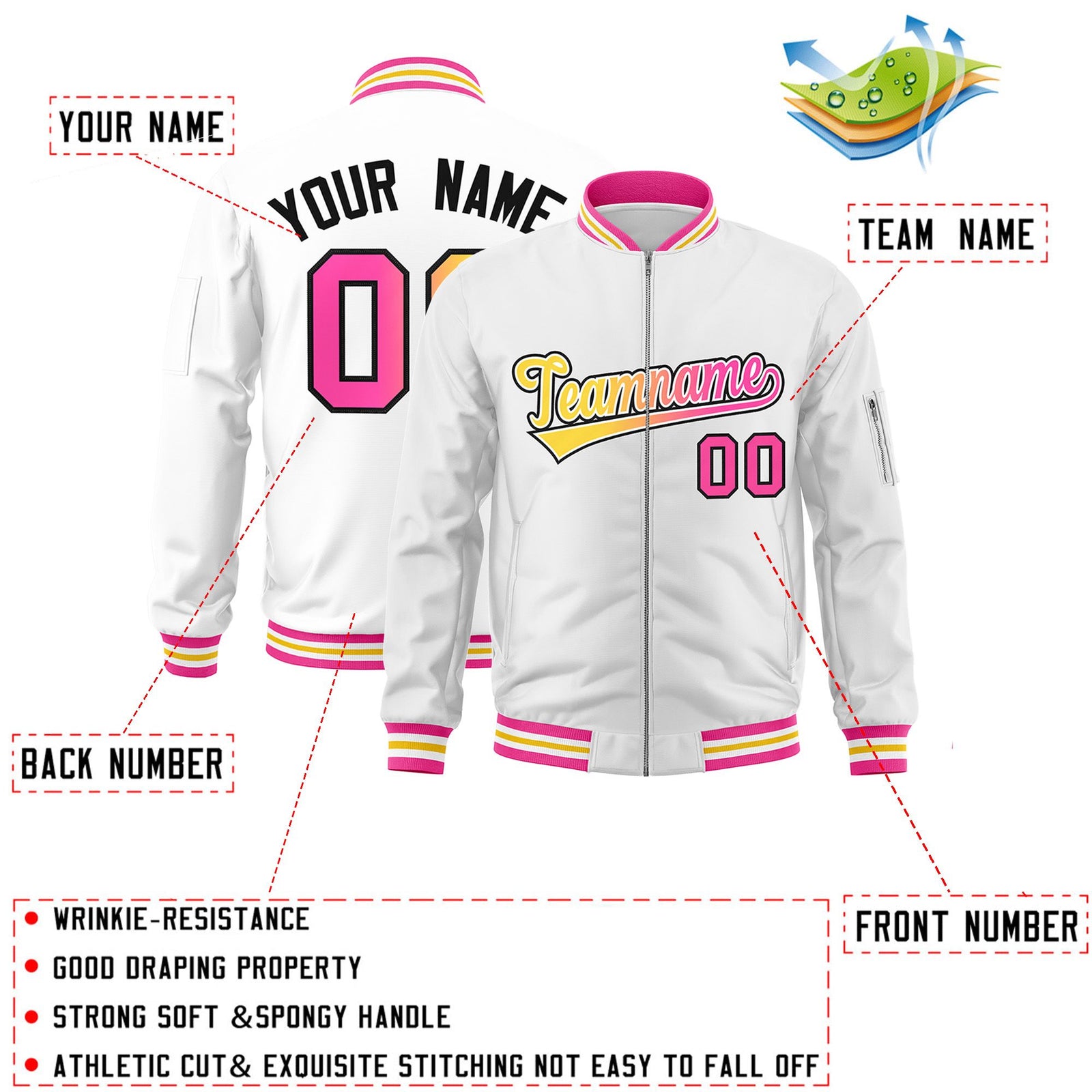 Custom White Full-Zip Gradient Fashion Letterman Bomber Jacket