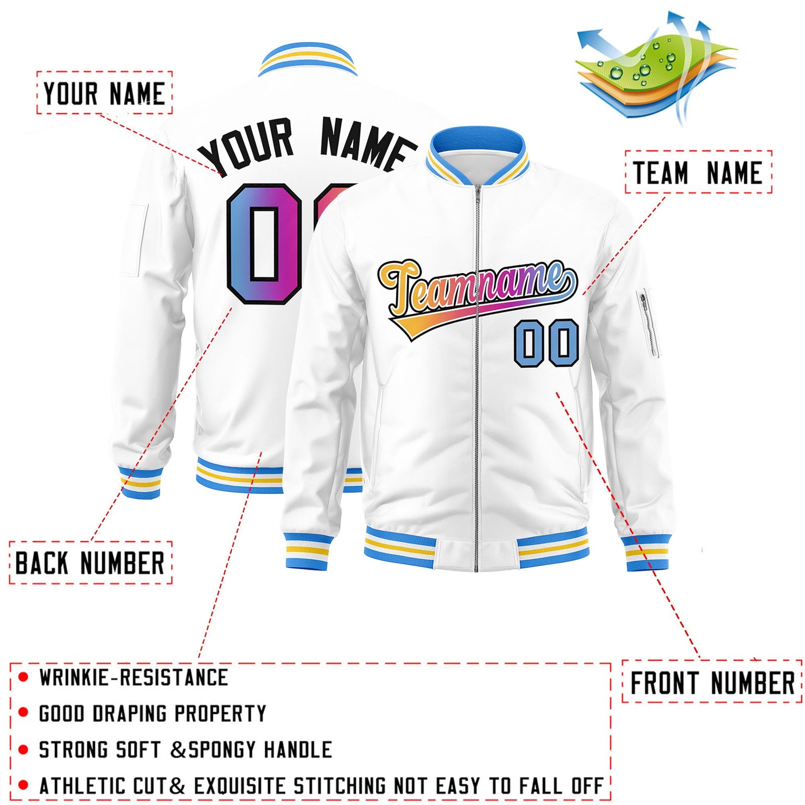 Custom White Full-Zip Gradient Fashion Letterman Bomber Jacket