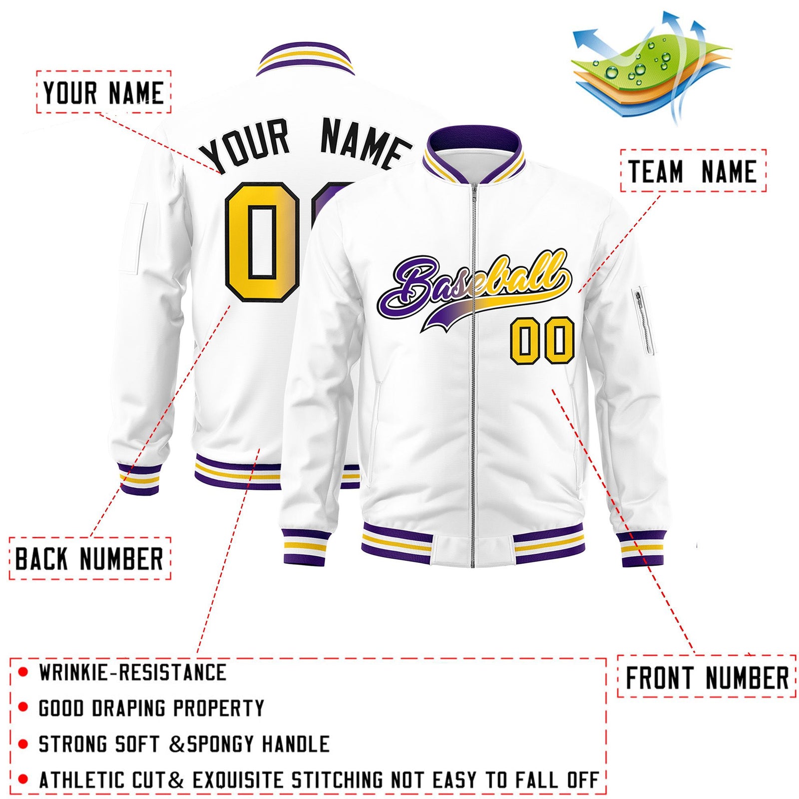 Custom White Full-Zip Gradient Fashion Letterman Bomber Jacket