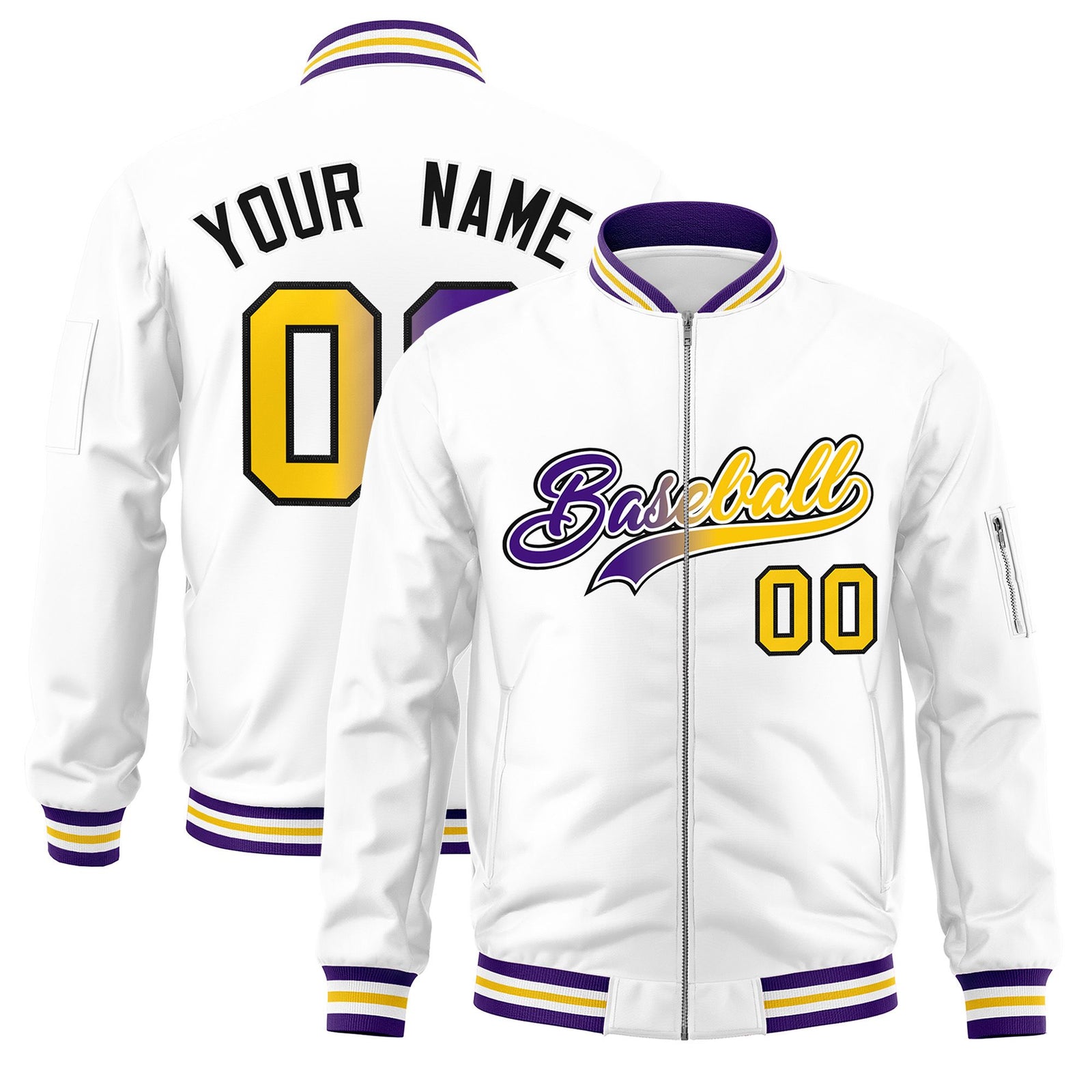 Custom White Full-Zip Gradient Fashion Letterman Bomber Jacket