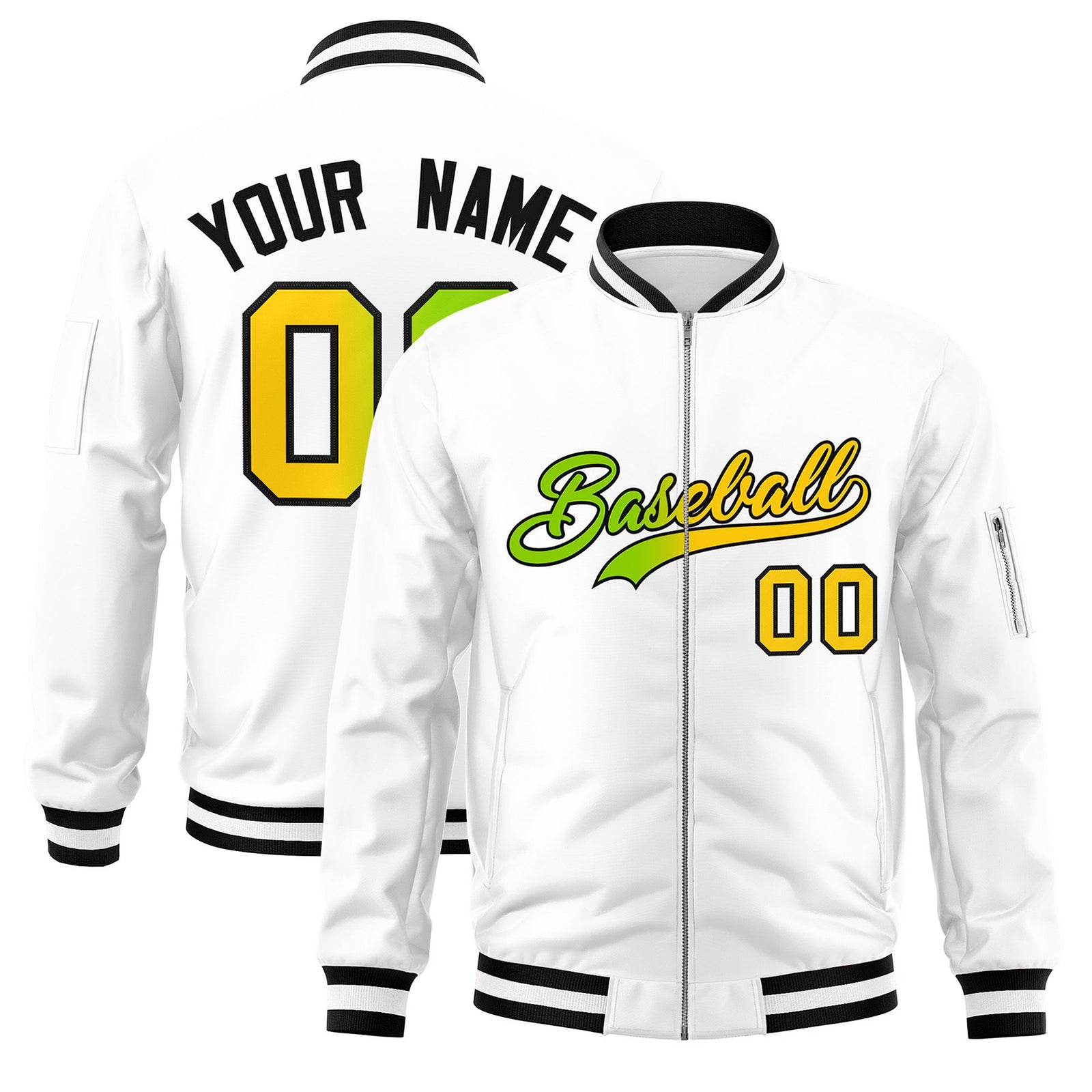 Custom White Full-Zip Gradient Fashion Letterman Bomber Jacket
