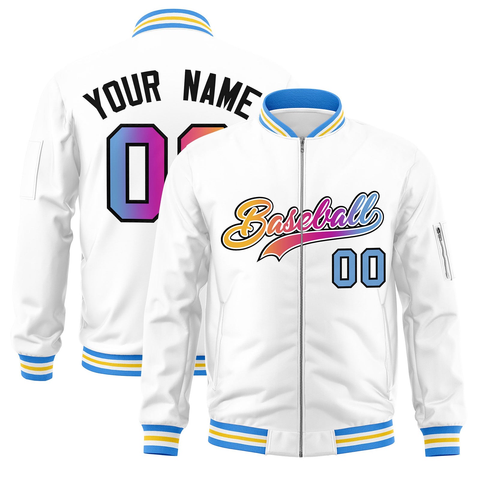 Custom White Full-Zip Gradient Fashion Letterman Bomber Jacket