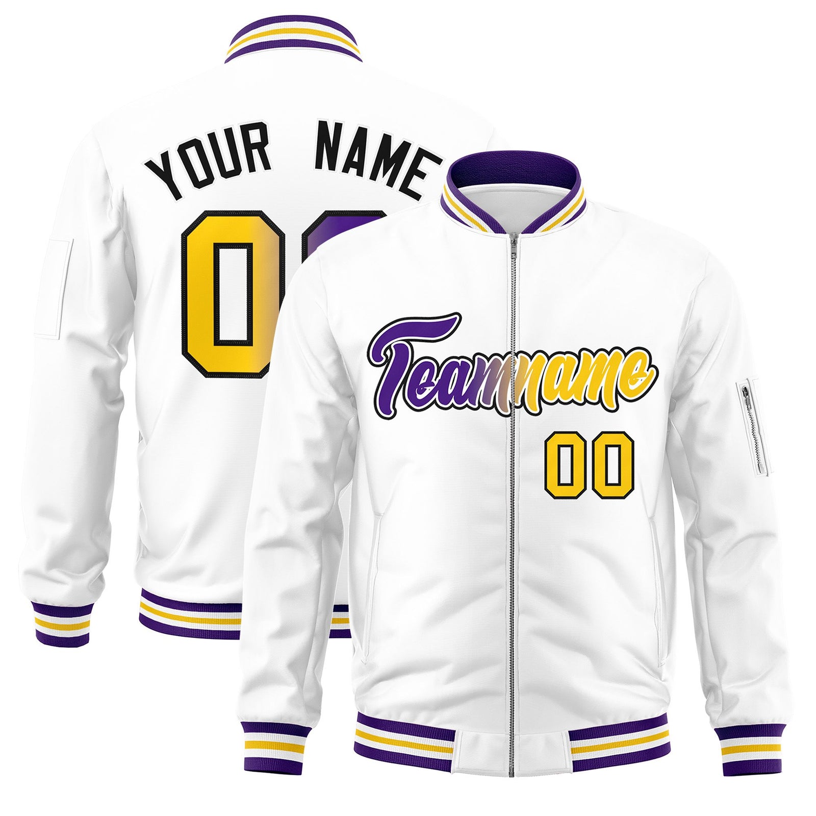 Custom White Full-Zip Gradient Fashion Letterman Bomber Jacket