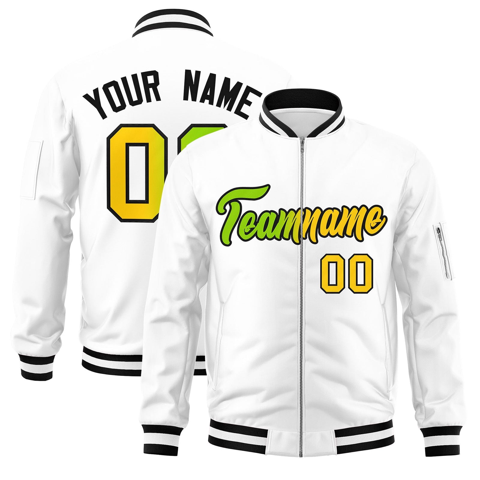 Custom White Full-Zip Gradient Fashion Letterman Bomber Jacket