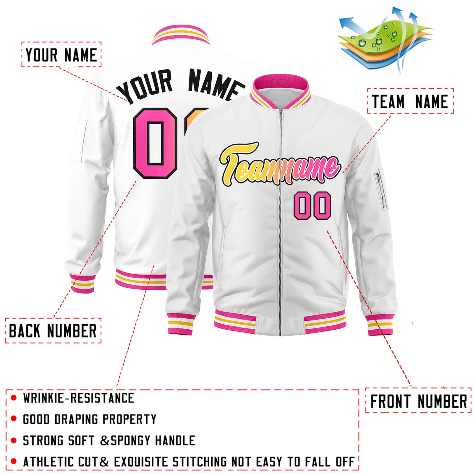 Custom White Full-Zip Gradient Fashion Letterman Bomber Jacket