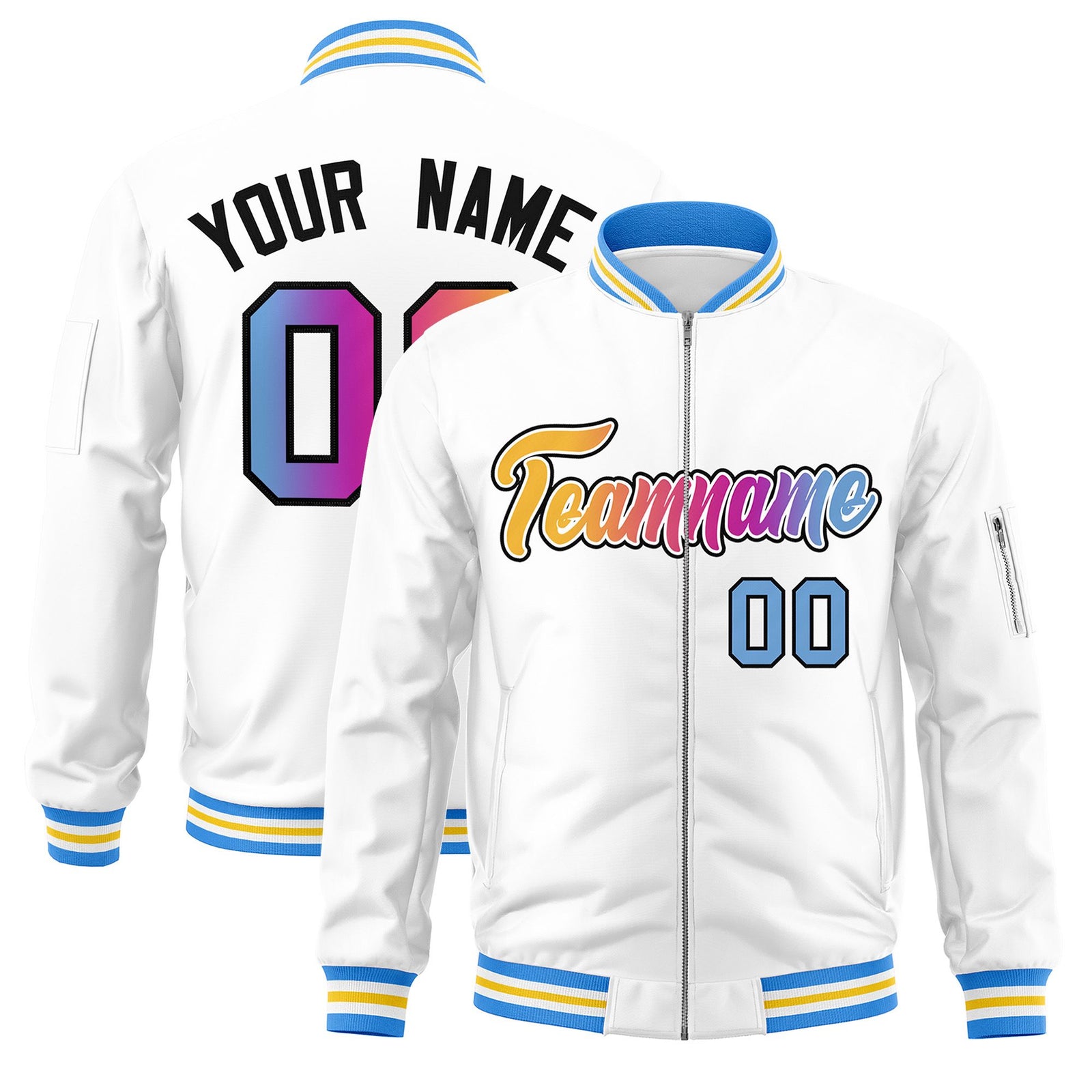 Custom White Full-Zip Gradient Fashion Letterman Bomber Jacket
