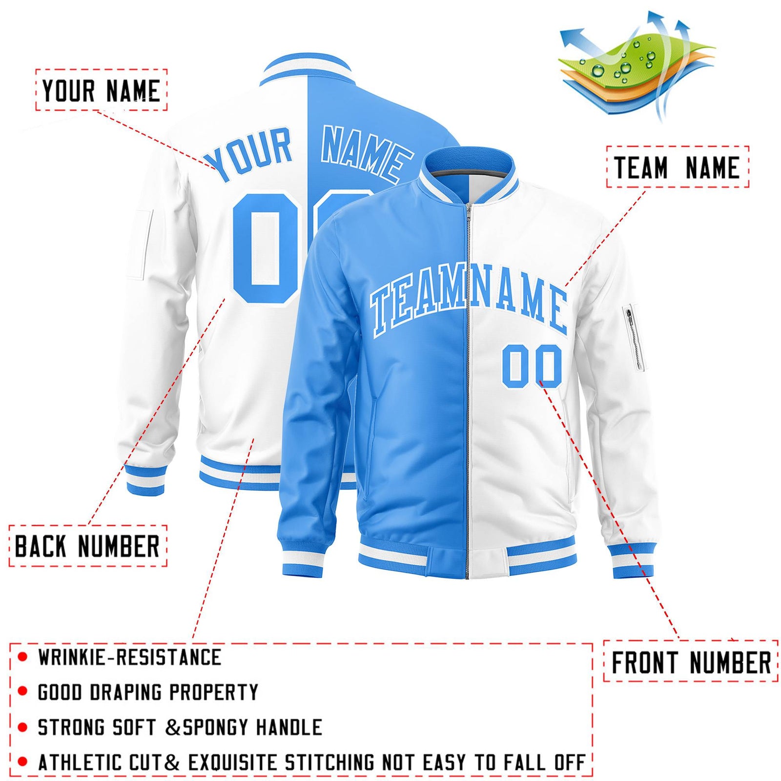 Custom Powder Blue White Split Varsity Full-Zip Two Tone Letterman Bomber Jacket