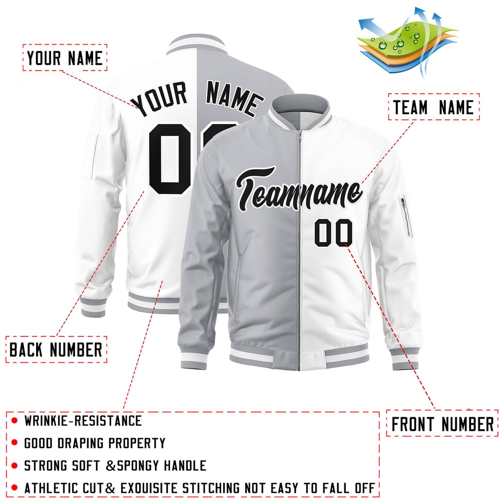 Custom Gray White Split Varsity Full-Zip Two Tone Letterman Bomber Jacket