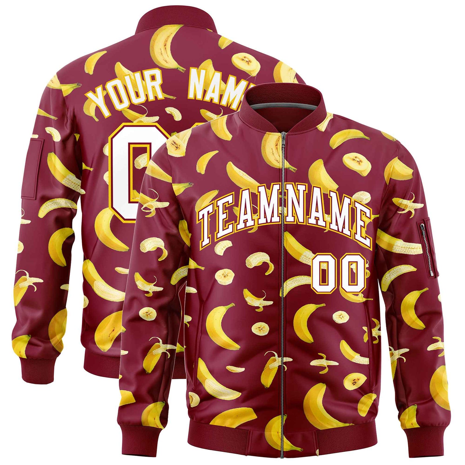Custom Crimson Varsity Full-Zip Banana Pattern Letterman Bomber Jacket | Graffiti Pattern | Embroidery&Dye-sublimation printing | KXKSHOP