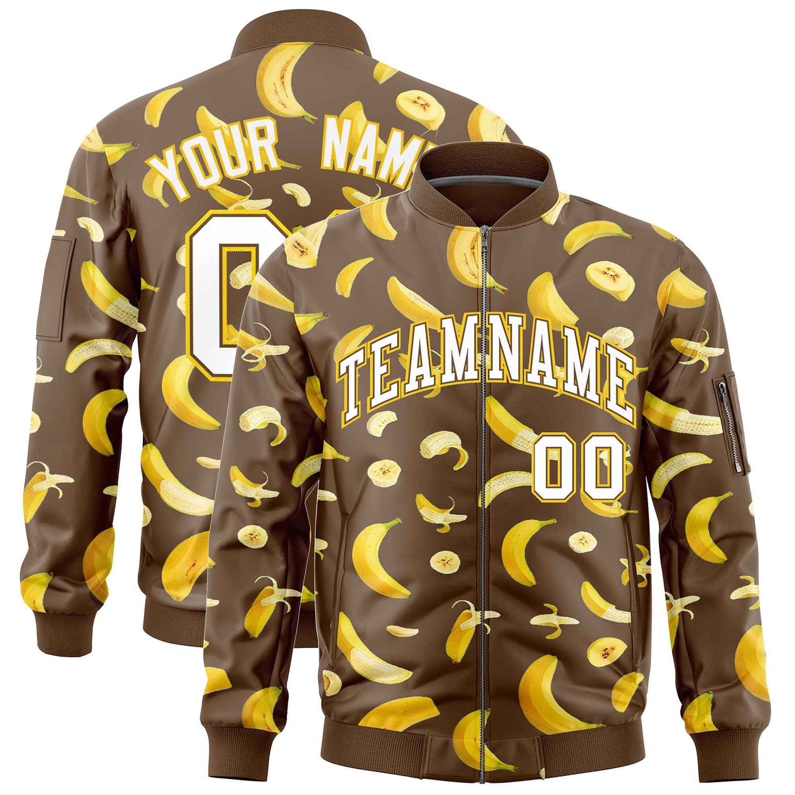 Custom Light Brown Varsity Full-Zip Banana Pattern Letterman Bomber Jacket | Graffiti Pattern | Embroidery&Dye-sublimation printing | KXKSHOP