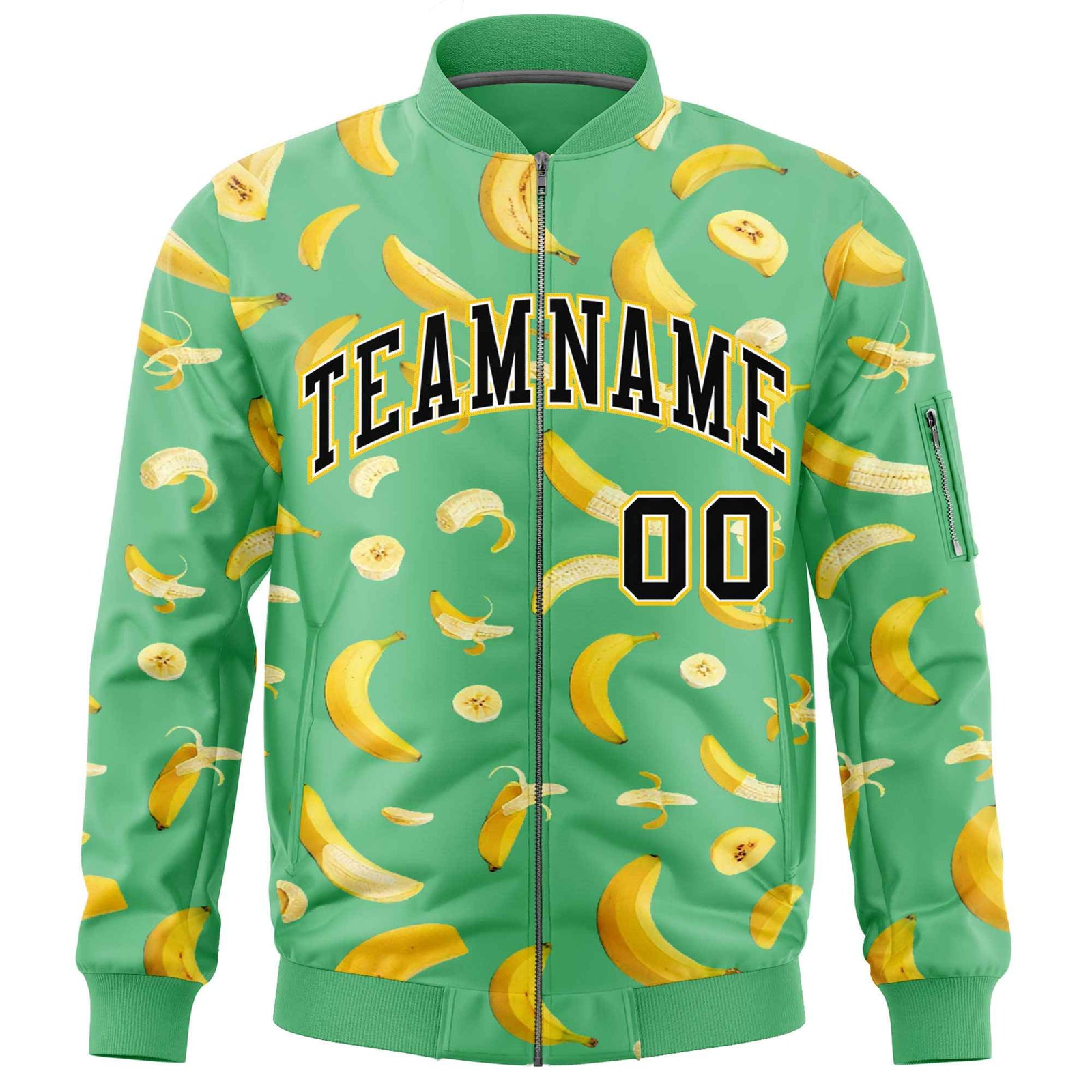 Custom Neon Green Varsity Full-Zip Banana Pattern Letterman Bomber Jacket | Graffiti Pattern | Embroidery&Dye-sublimation printing | KXKSHOP