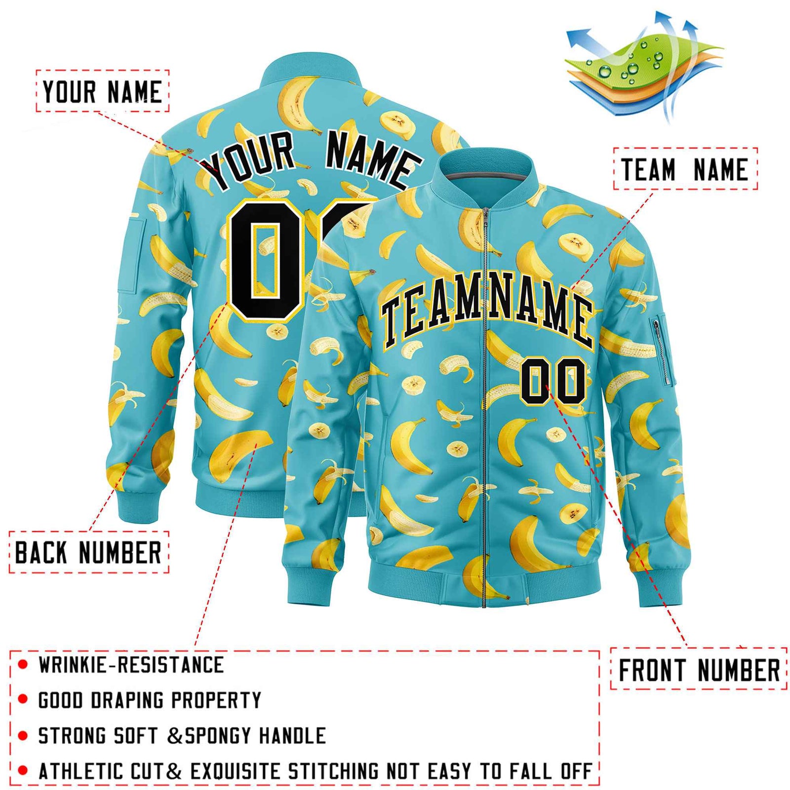 Custom Sky Blue Varsity Full-Zip Banana Pattern Letterman Bomber Jacket | Graffiti Pattern | Embroidery&Dye-sublimation printing | KXKSHOP