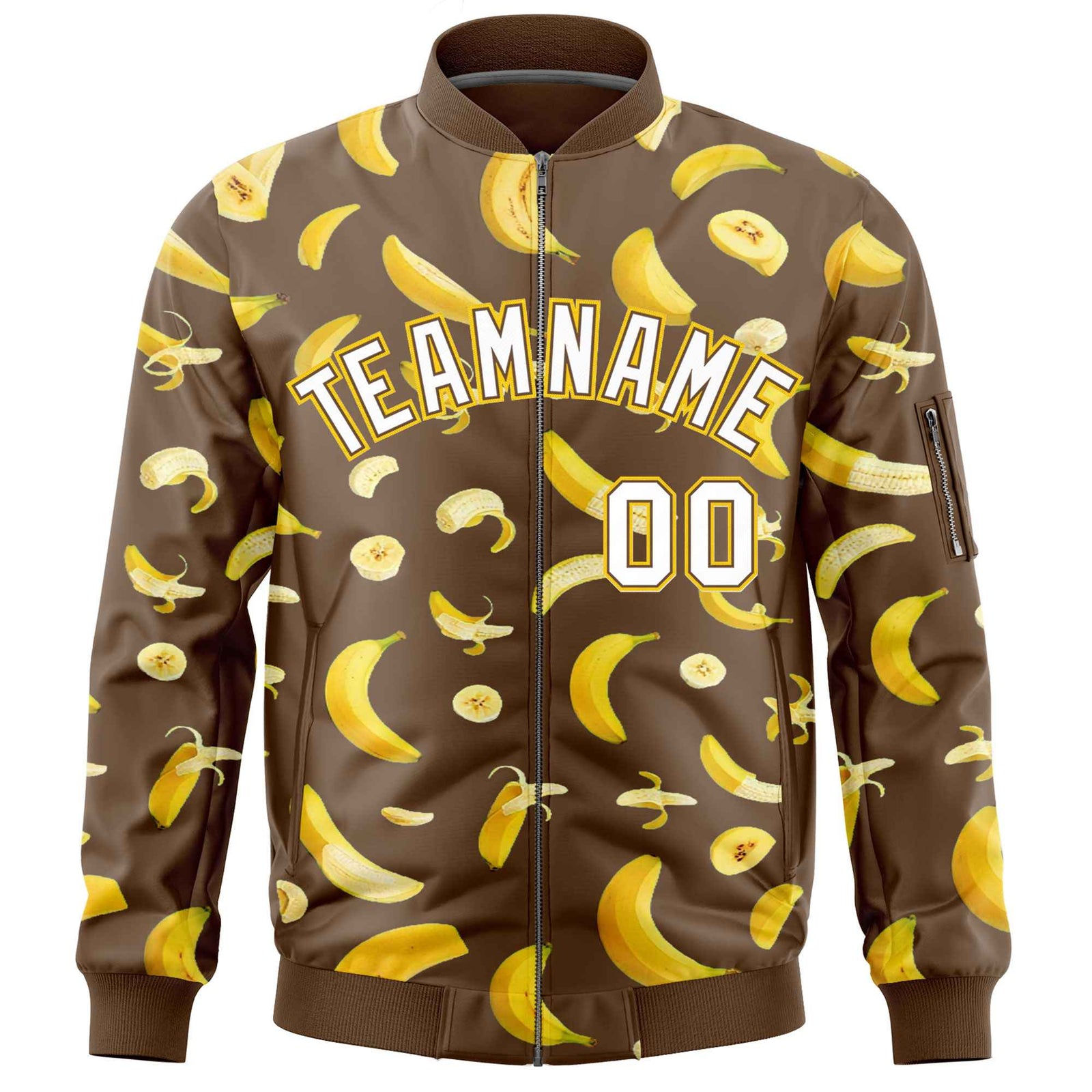 Custom Light Brown Varsity Full-Zip Banana Pattern Letterman Bomber Jacket | Graffiti Pattern | Embroidery&Dye-sublimation printing | KXKSHOP