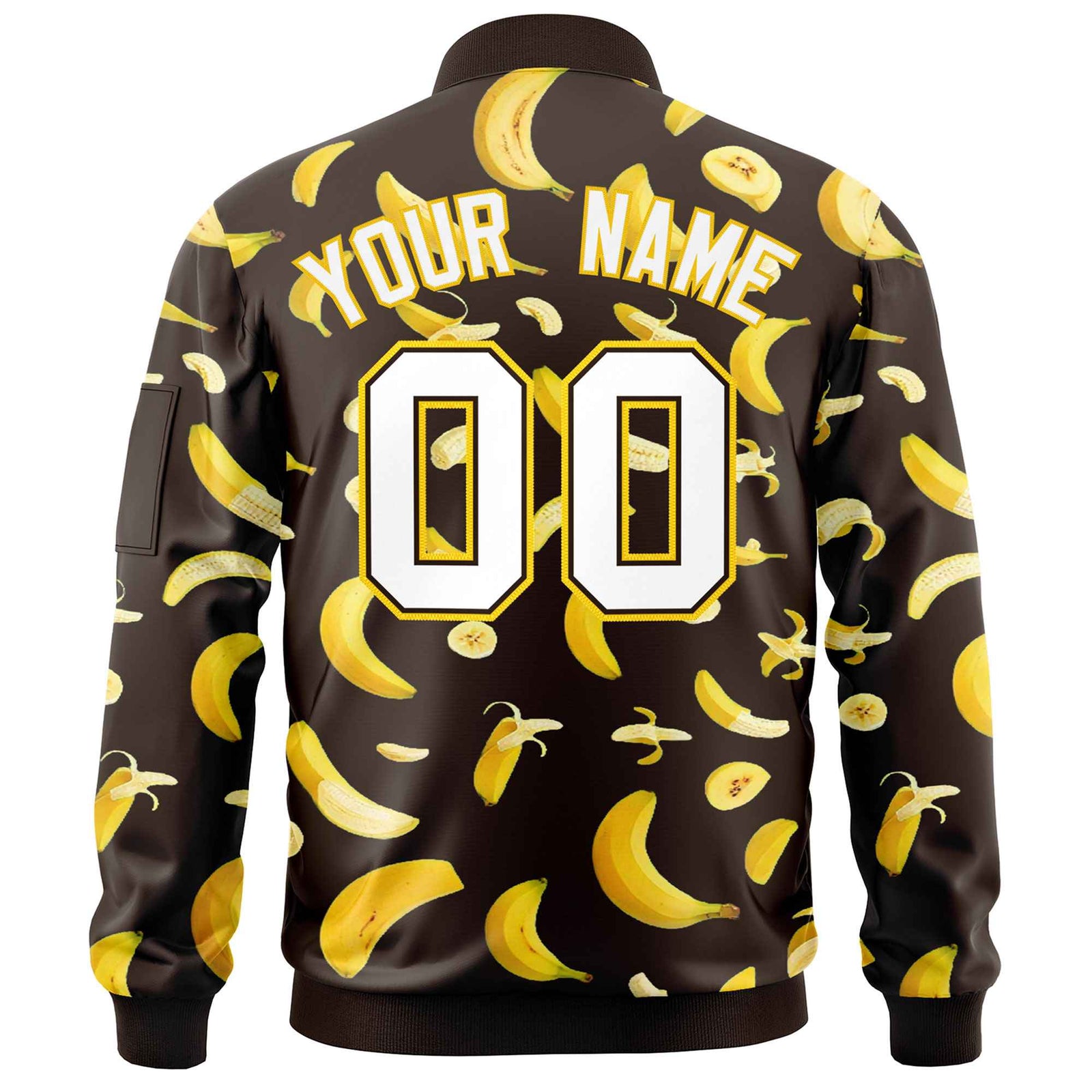 Custom Brown Varsity Full-Zip Banana Pattern Letterman Bomber Jacket | Graffiti Pattern | Embroidery&Dye-sublimation printing | KXKSHOP