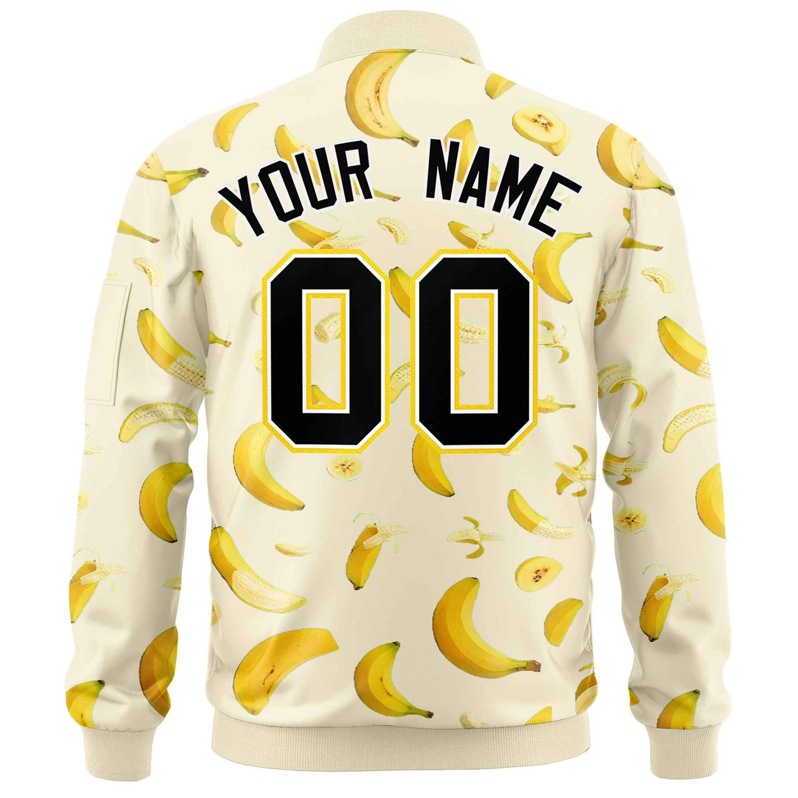 Custom Cream Varsity Full-Zip Banana Pattern Letterman Bomber Jacket | Graffiti Pattern | Embroidery&Dye-sublimation printing | KXKSHOP