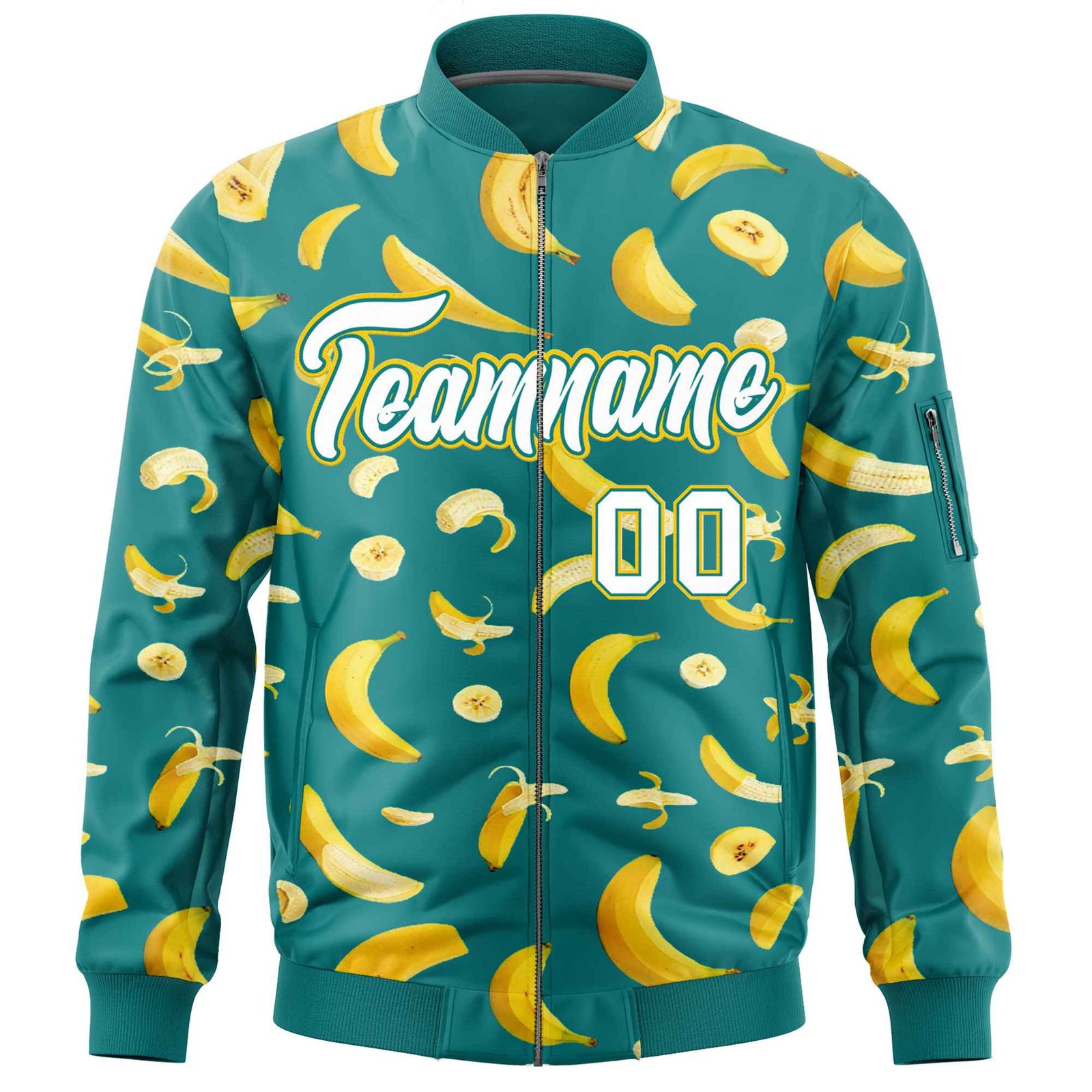 Custom Teal Varsity Full-Zip Banana Pattern Letterman Bomber Jacket | Graffiti Pattern | Embroidery&Dye-sublimation printing | KXKSHOP