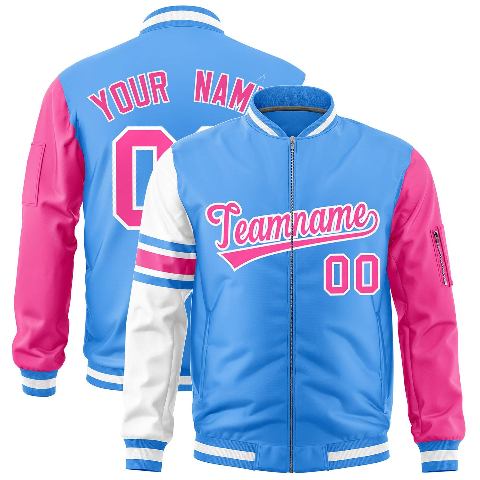 Custom Powder Blue Pink-White Varsity Full-Zip Raglan Sleeves Stripe Letterman Bomber Jacket