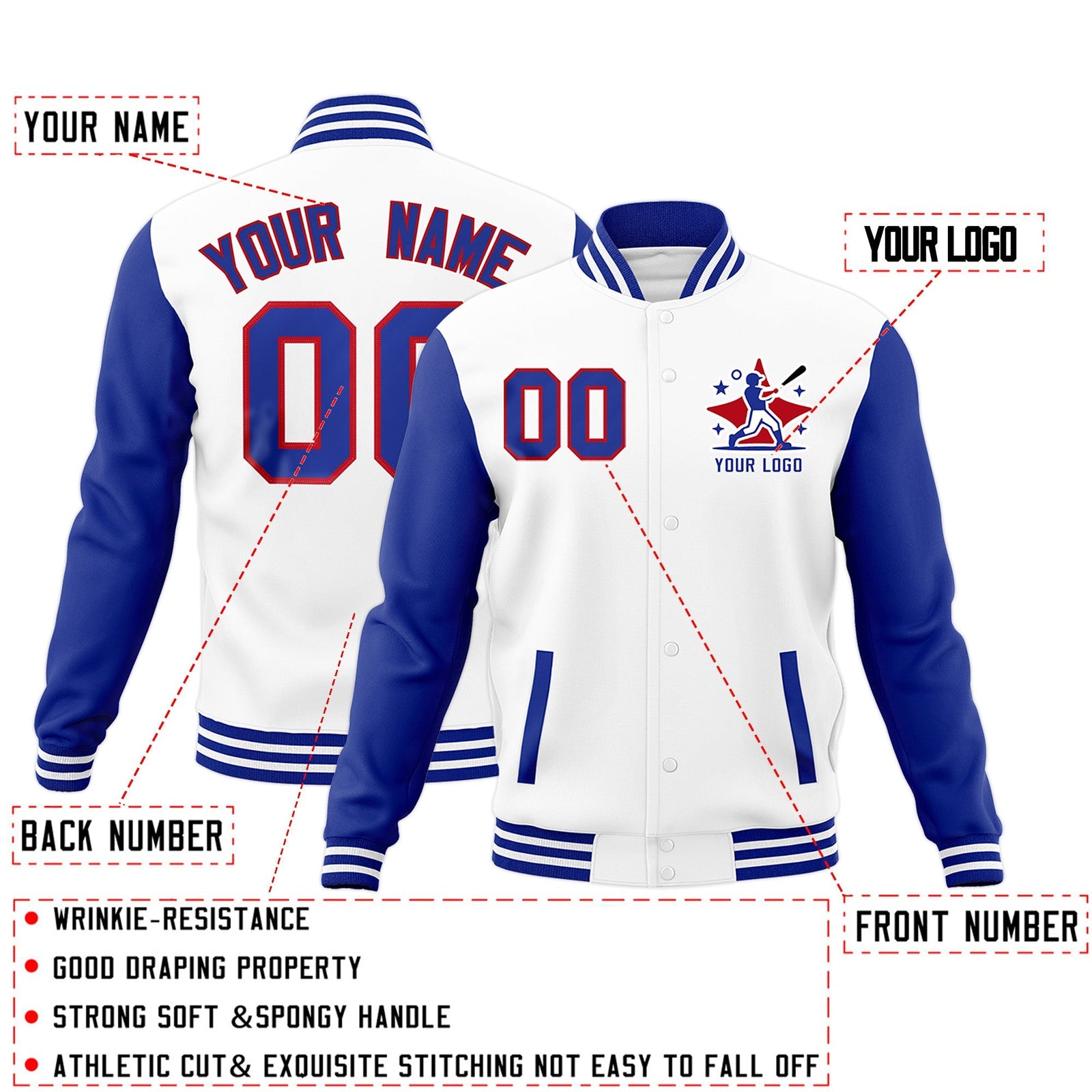 Custom White Royal Blue Red Raglan Sleeves Full-Snap Letterman Cotton Fabric Jacket| KXKSHOP