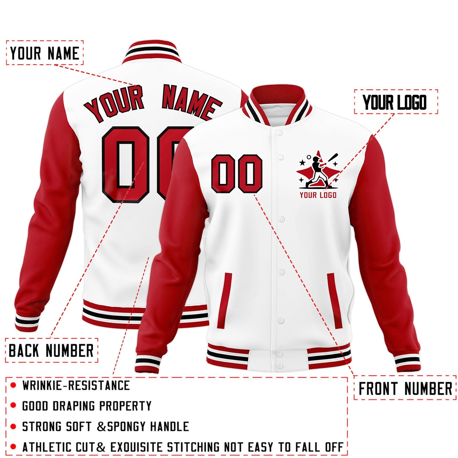 Custom White Red Raglan Sleeves Full-Snap Letterman Cotton Fabric Jacket| KXKSHOP
