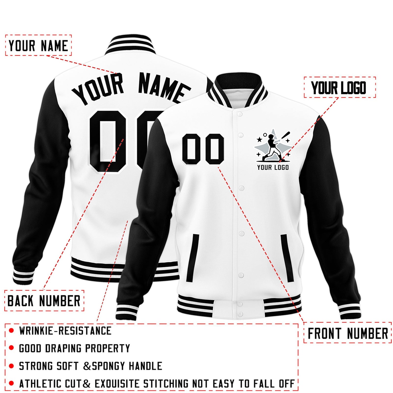 Custom White Black Raglan Sleeves Full-Snap Letterman Cotton Fabric Jacket| KXKSHOP