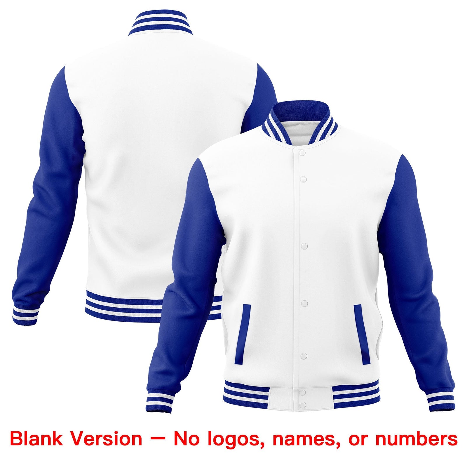 Custom White Royal Blue Raglan Sleeves Full-Snap Letterman Cotton Fabric Jacket| KXKSHOP
