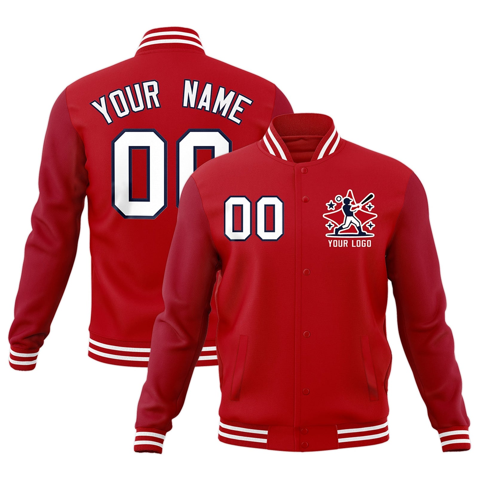 Custom Red White Navy Raglan Sleeves Full-Snap Letterman Cotton Fabric Jacket| KXKSHOP