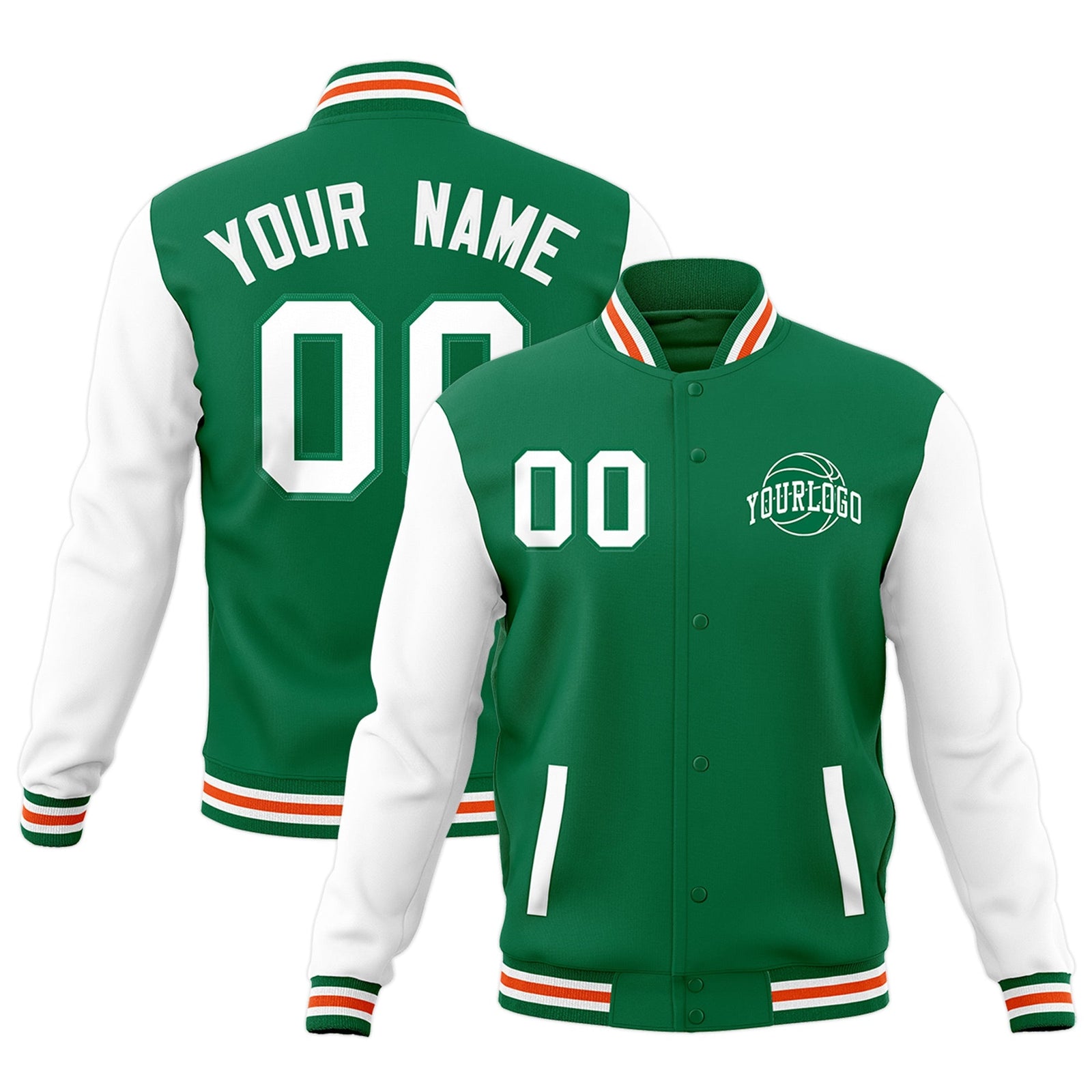 Custom Kelly Green White Orange Raglan Sleeves Classic Style Letterman Cotton Fabric Jacket| KXKSHOP