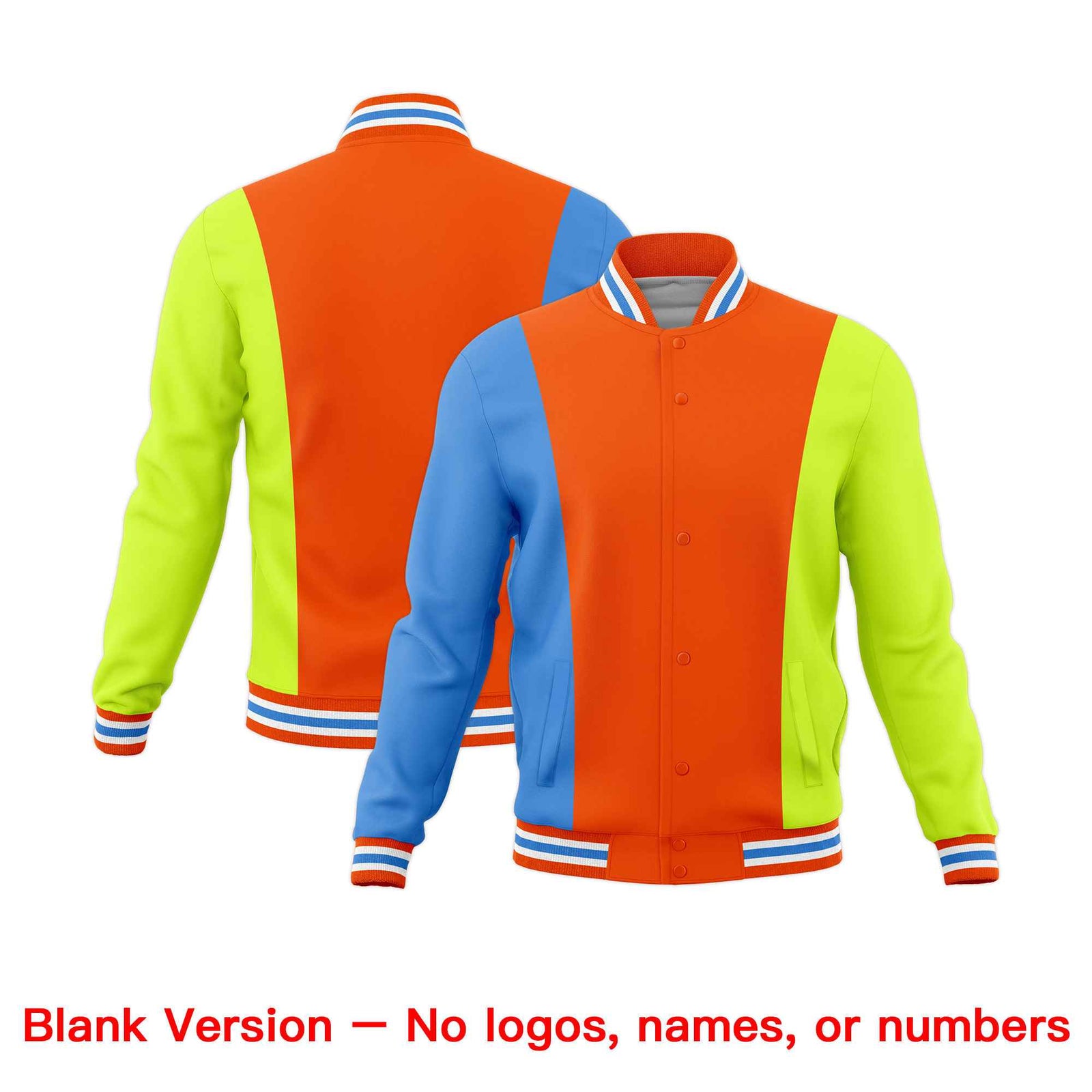 Custom Orange Powder Blue Fluorescent Green Personalization Varsity Full-Snap Three Color Blocks Letterman Jacket