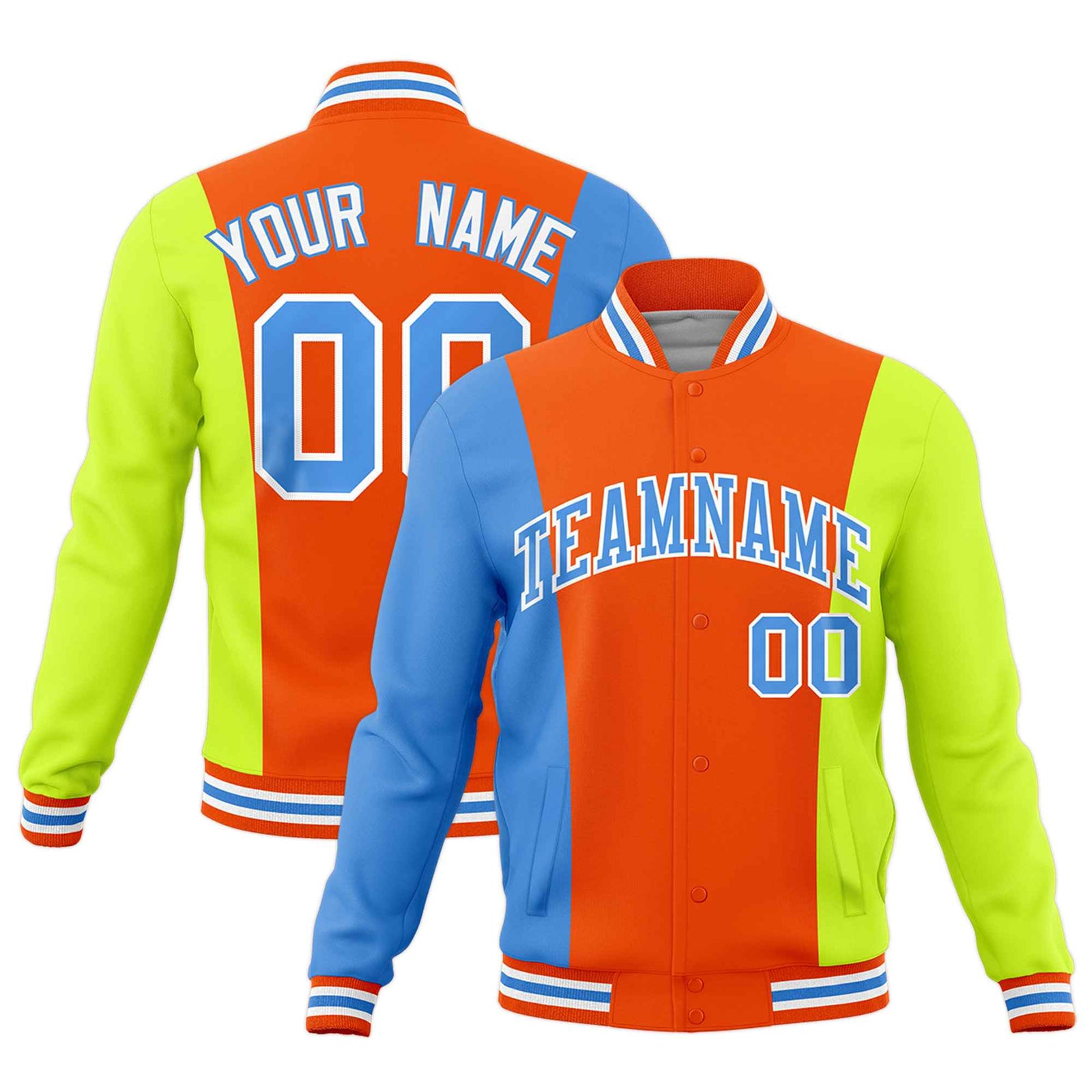 Custom Orange Powder Blue Fluorescent Green Personalization Varsity Full-Snap Three Color Blocks Letterman Jacket