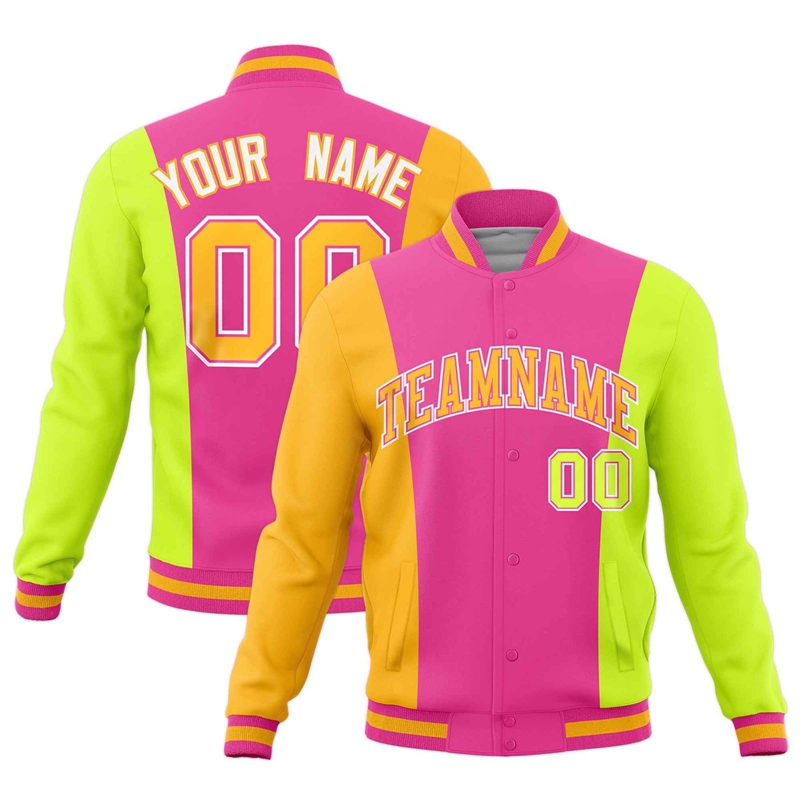 Custom Pink Yellow Fluorescent Green Personalization Varsity Full-Snap Three Color Blocks Letterman Jacket
