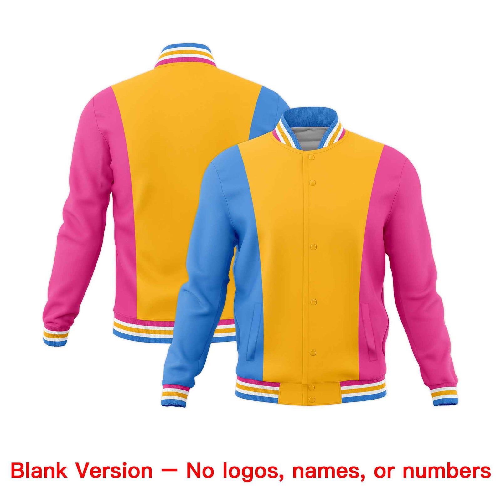 Custom Yellow Powder Blue Pink Personalization Varsity Full-Snap Three Color Blocks Letterman Jacket