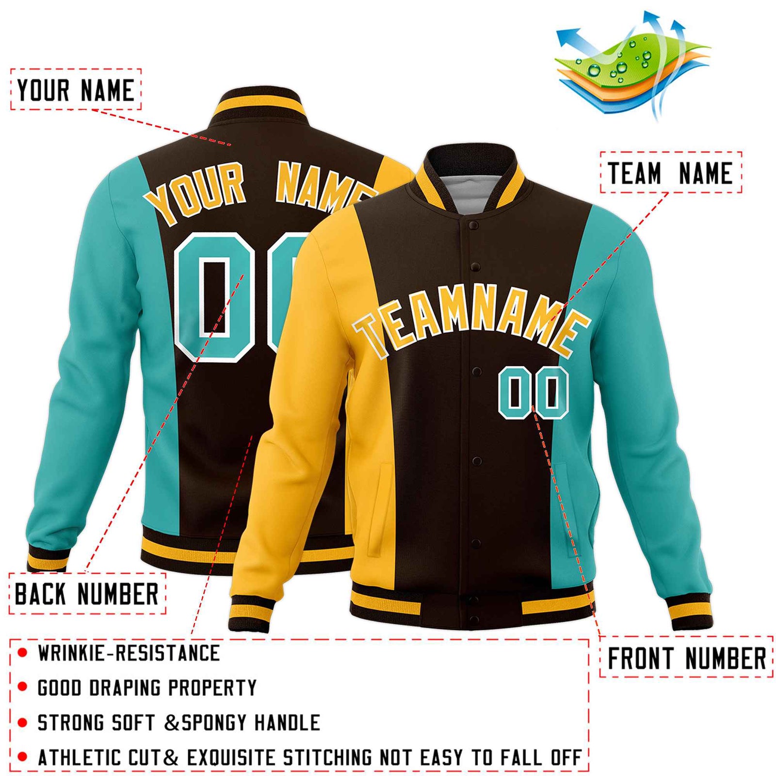 Custom Brown Yellow Teal Personalization Varsity Full-Snap Three Color Blocks Letterman Jacket