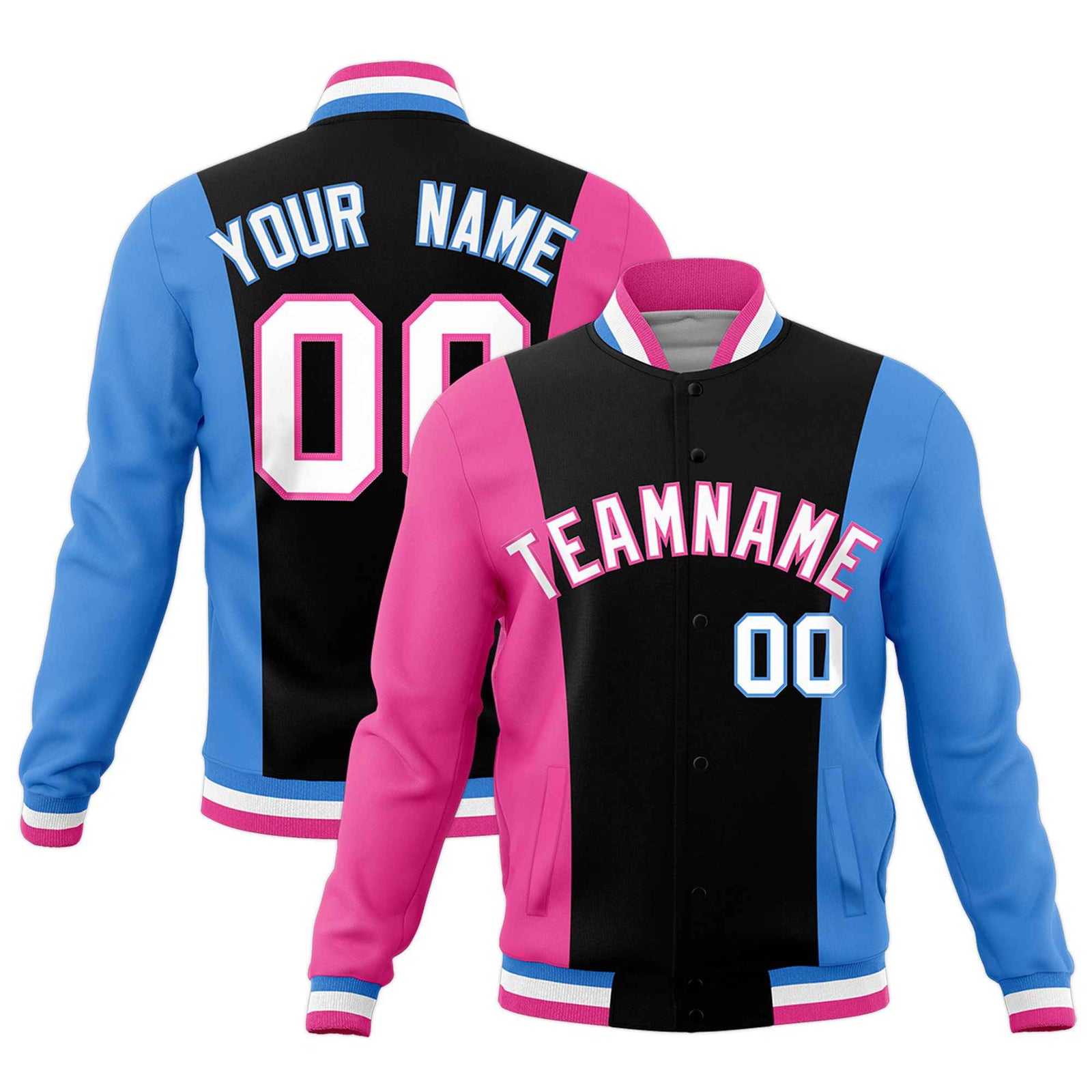 Custom Black Pink Powder Blue Personalization Varsity Full-Snap Three Color Blocks Letterman Jacket