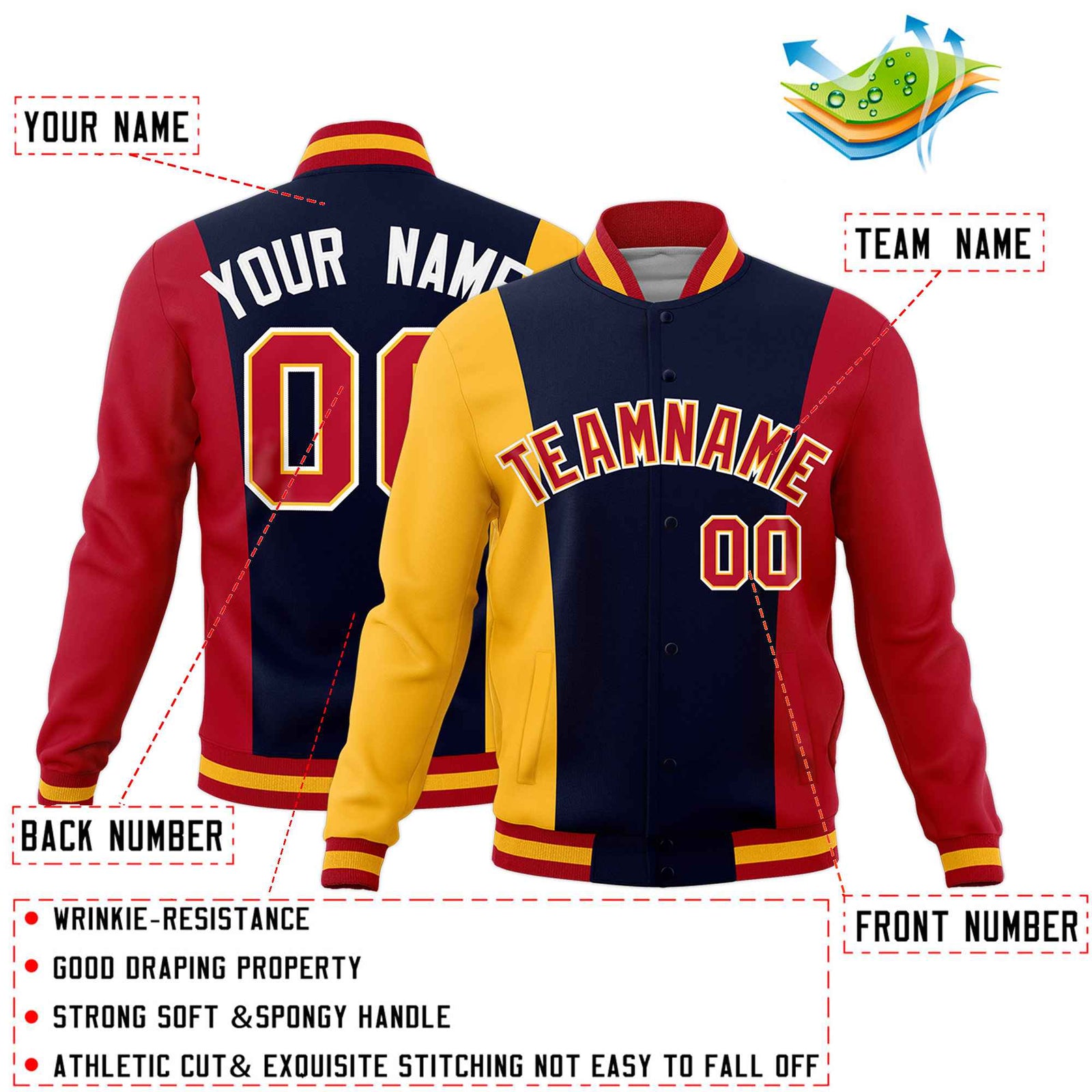 Custom Navy Yellow Red Personalization Varsity Full-Snap Three Color Blocks Letterman Jacket