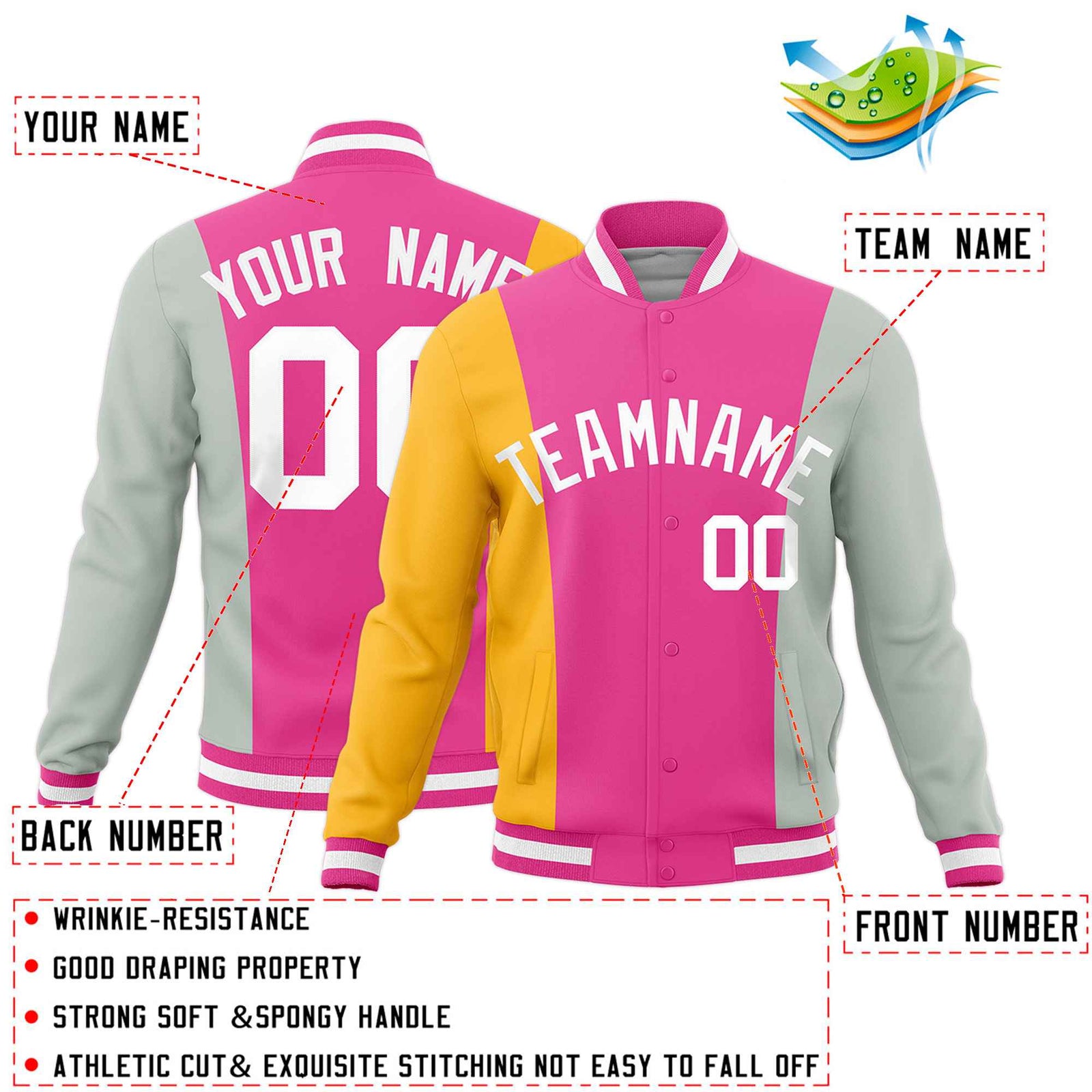 Custom Pink Yellow Gray Personalization Varsity Full-Snap Three Color Blocks Letterman Jacket