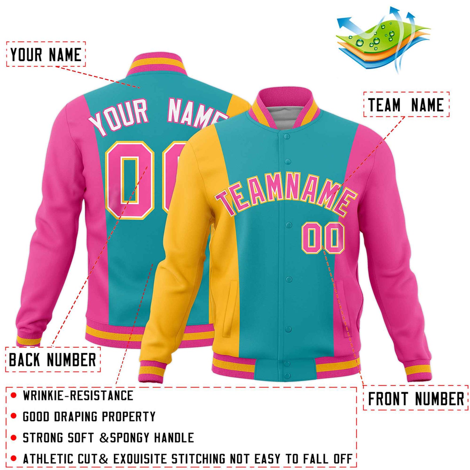 Custom Aqua Yellow Pink Personalization Varsity Full-Snap Three Color Blocks Letterman Jacket