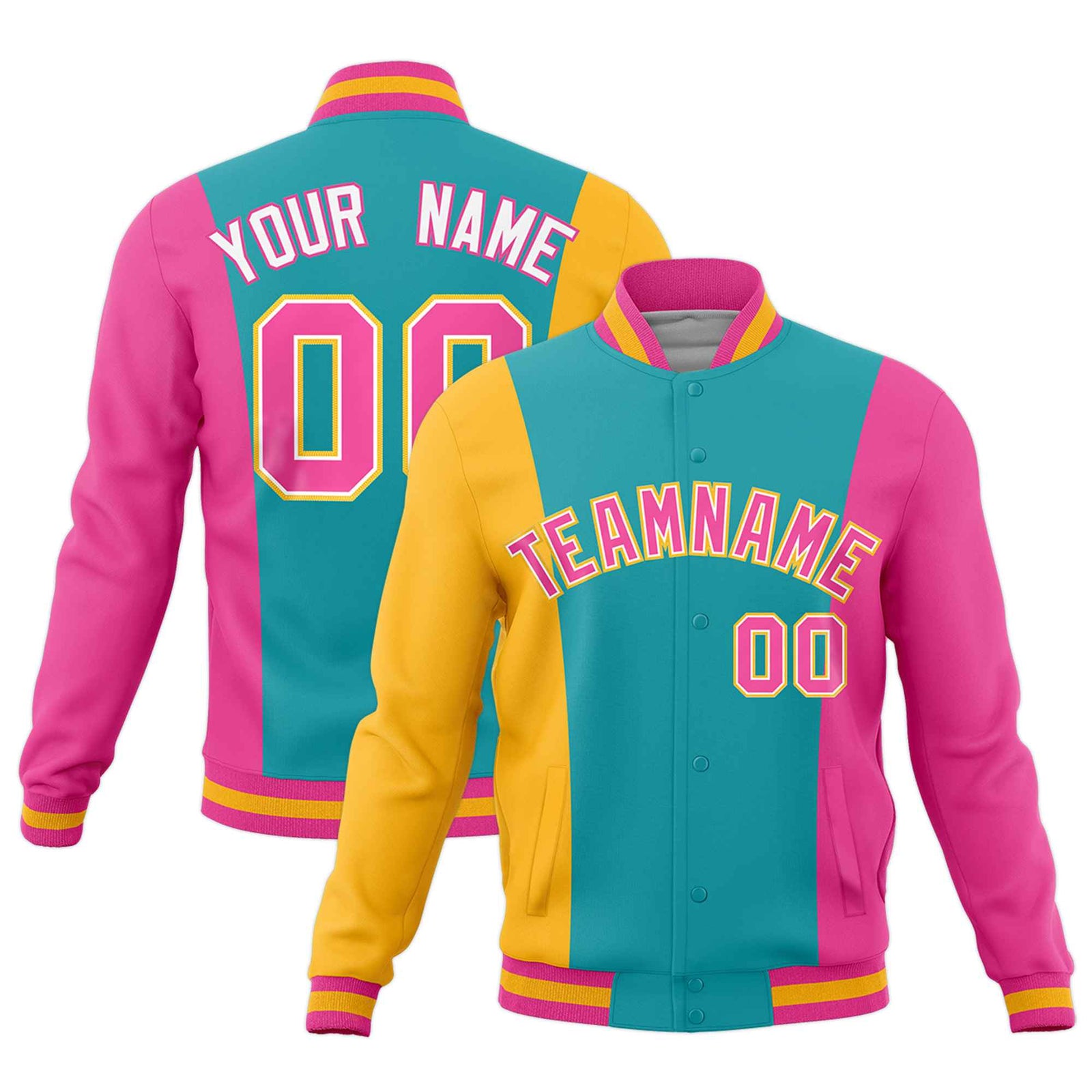 Custom Aqua Yellow Pink Personalization Varsity Full-Snap Three Color Blocks Letterman Jacket