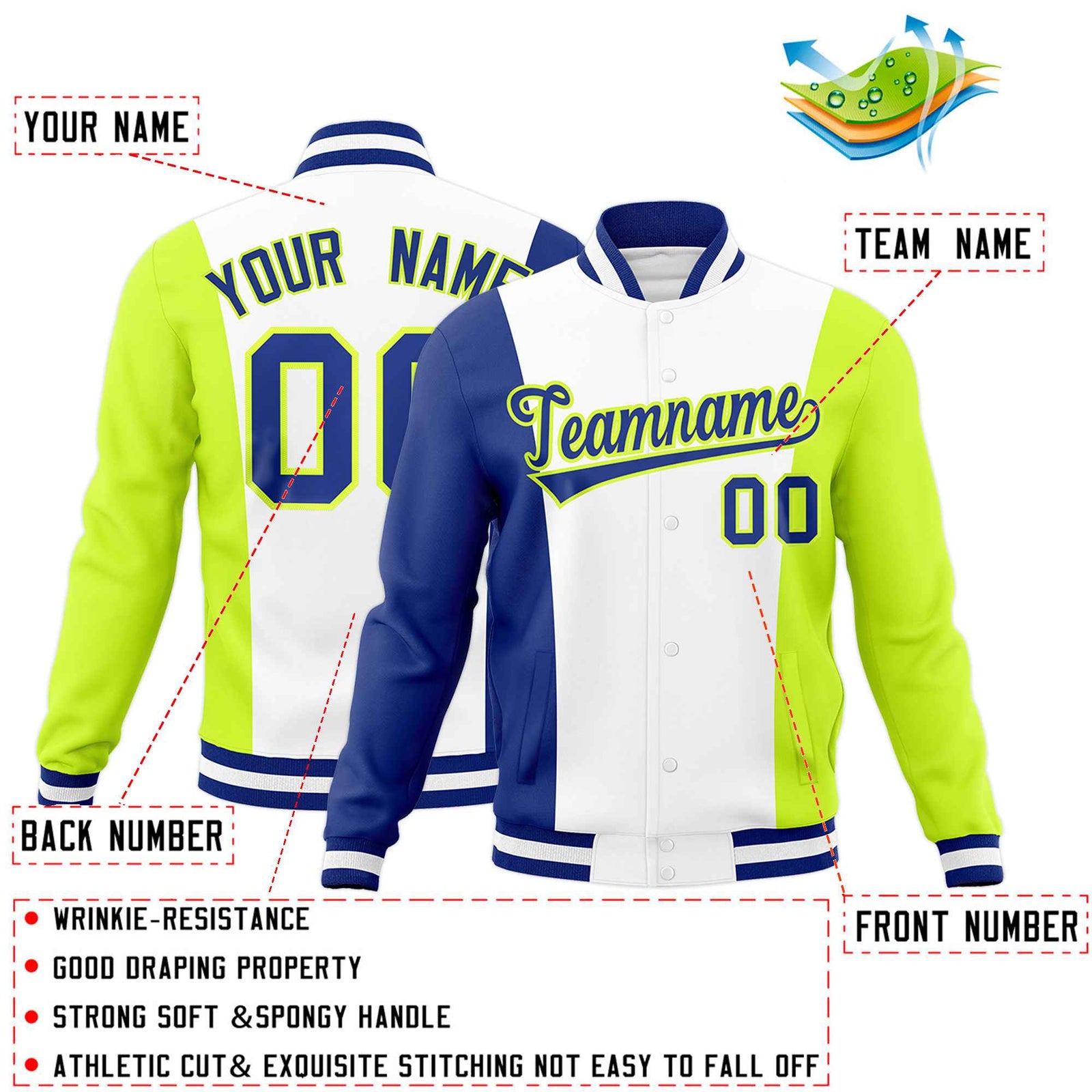 Custom White Royal Blue Fluorescent Green Personalization Varsity Full-Snap Three Color Blocks Letterman Jacket| KXKSHOP