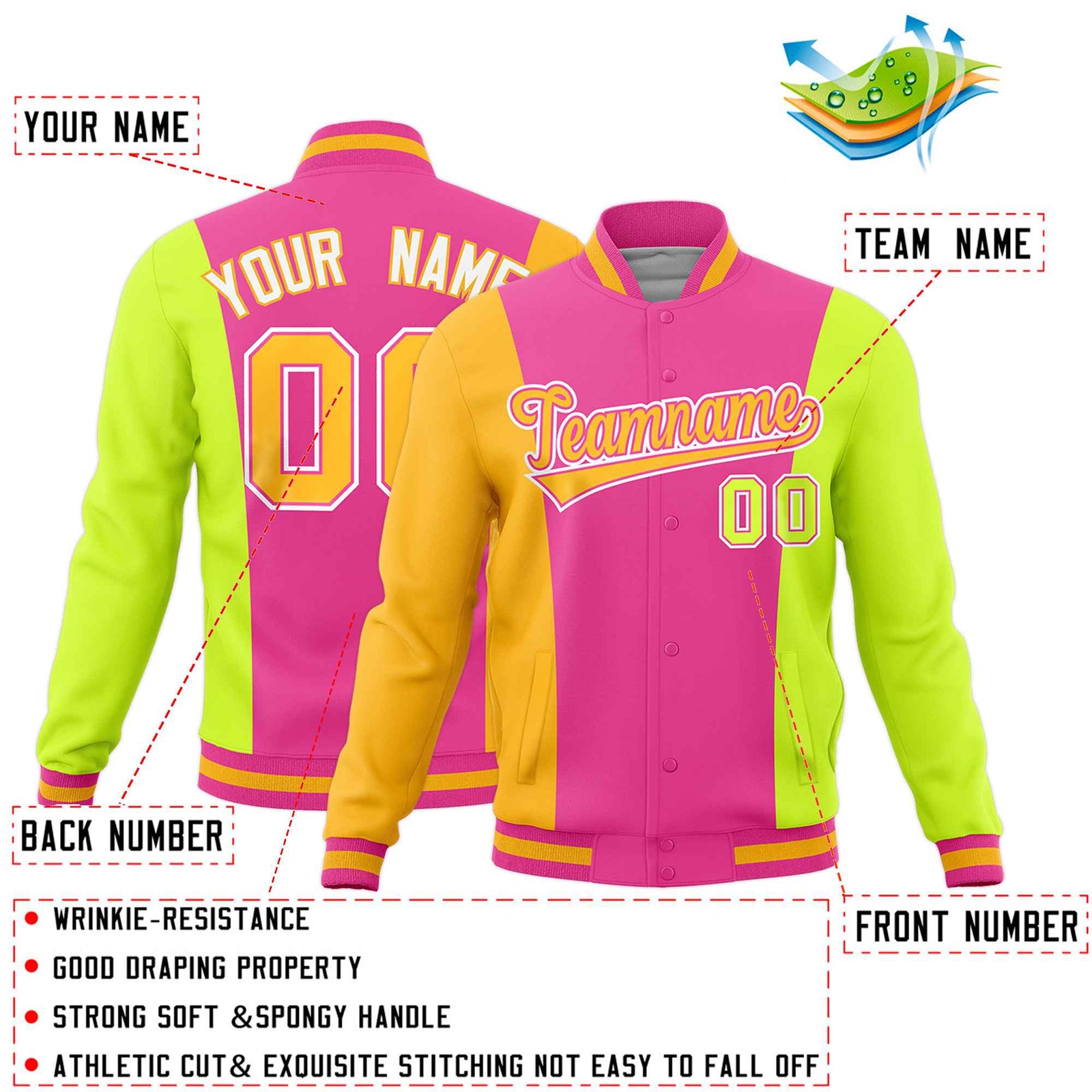 Custom Pink Yellow Fluorescent Green Personalization Varsity Full-Snap Three Color Blocks Letterman Jacket| KXKSHOP