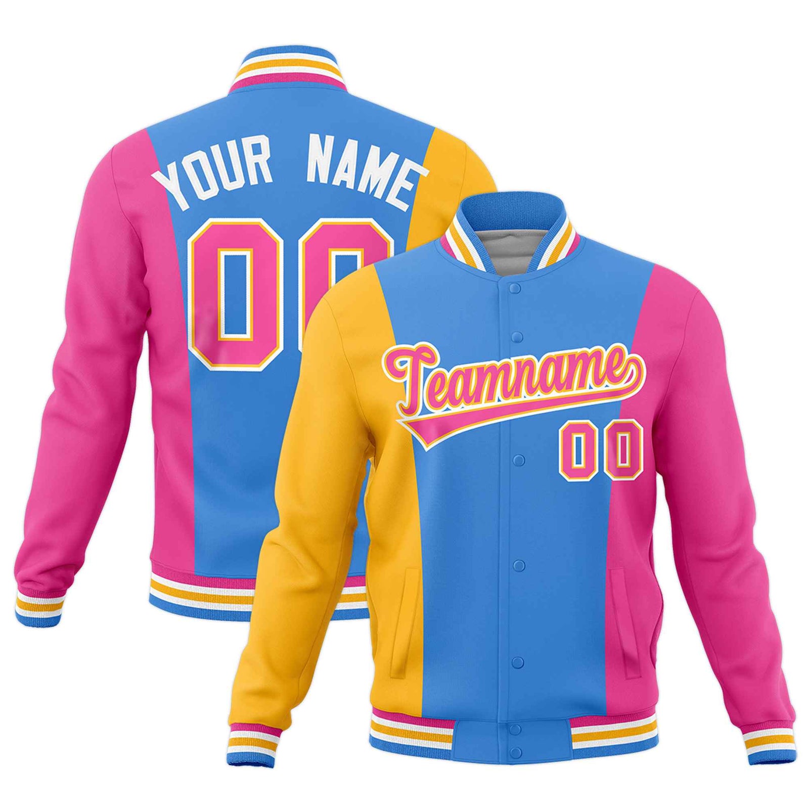 Custom Powder Blue Yellow Pink Personalization Varsity Full-Snap Three Color Blocks Letterman Jacket| KXKSHOP